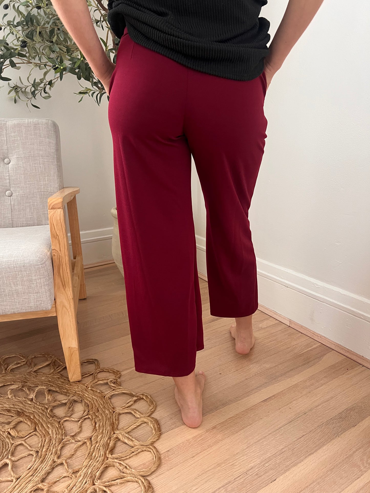 New! Lucy Wide Leg Stretchy Crop Pants - Burgundy