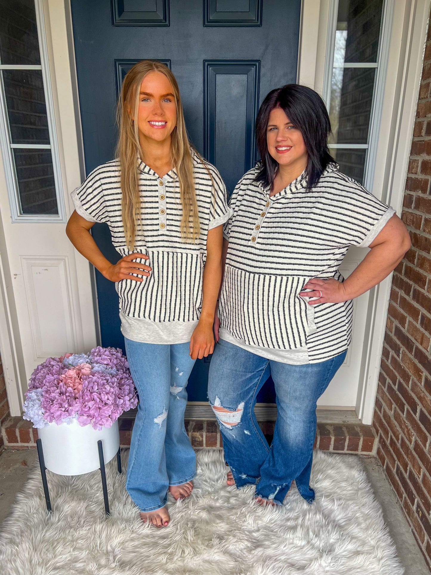 New! Allie Striped Hooded Short Sleeve Top