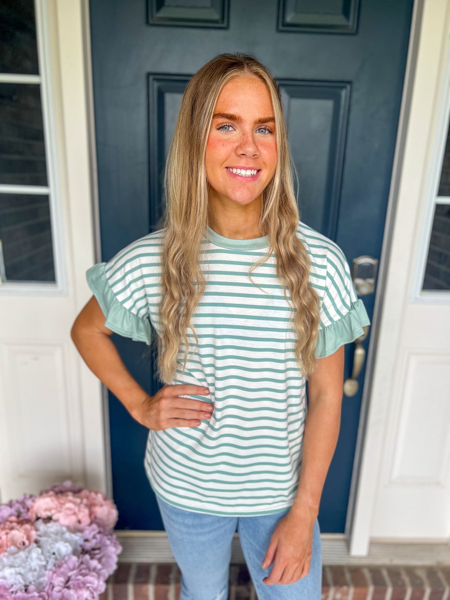 New! Aubrey Striped Ruffle Sleeve Top - Mint