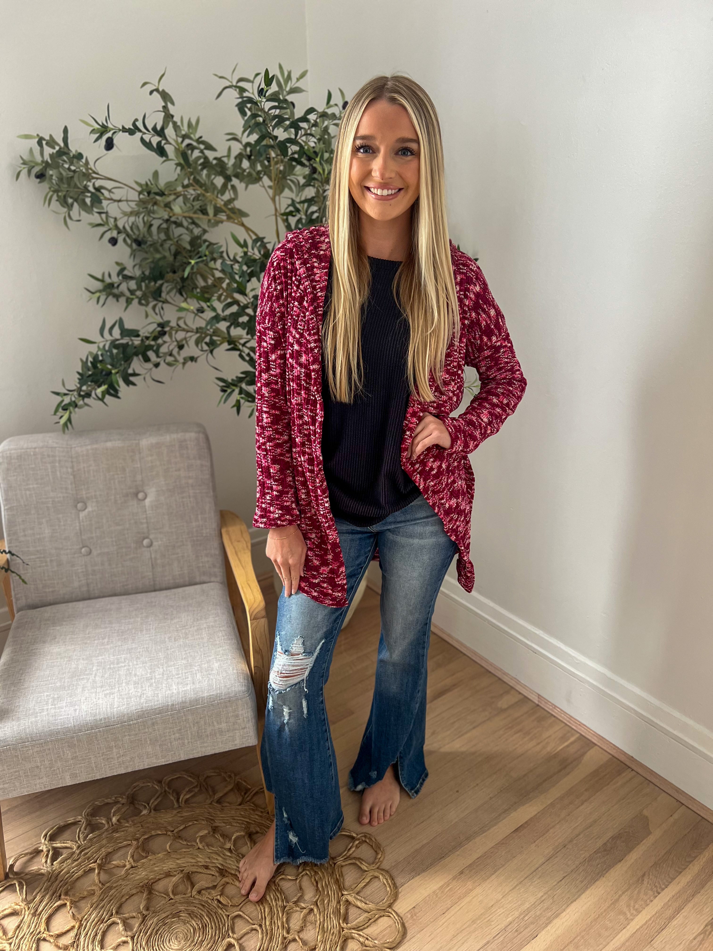 Cozy Hooded Open Front Cardigan - Burgundy