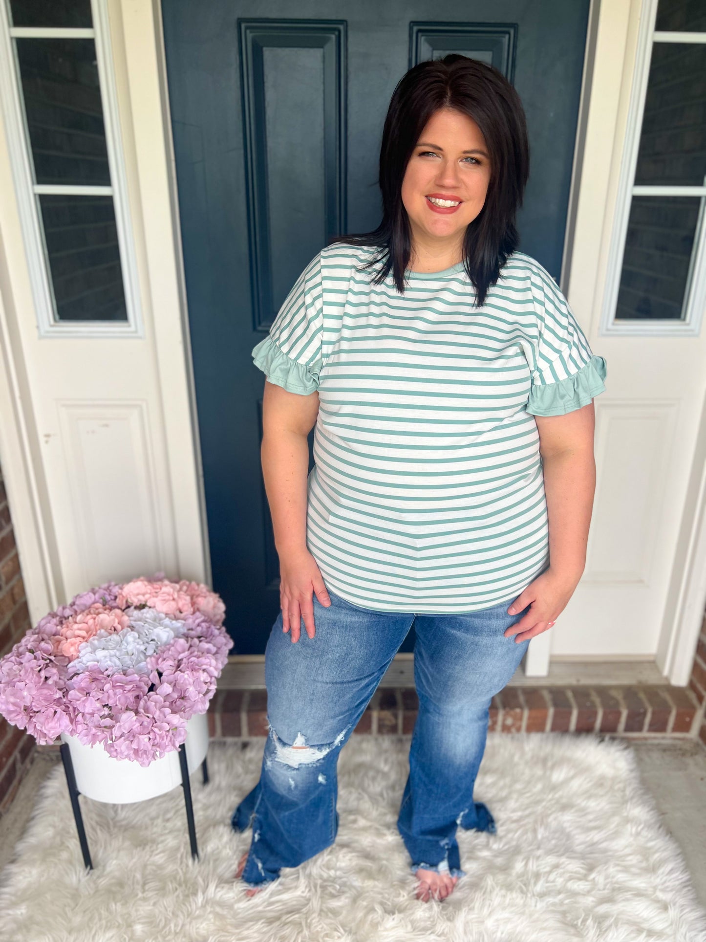 New! Aubrey Striped Ruffle Sleeve Top - Mint