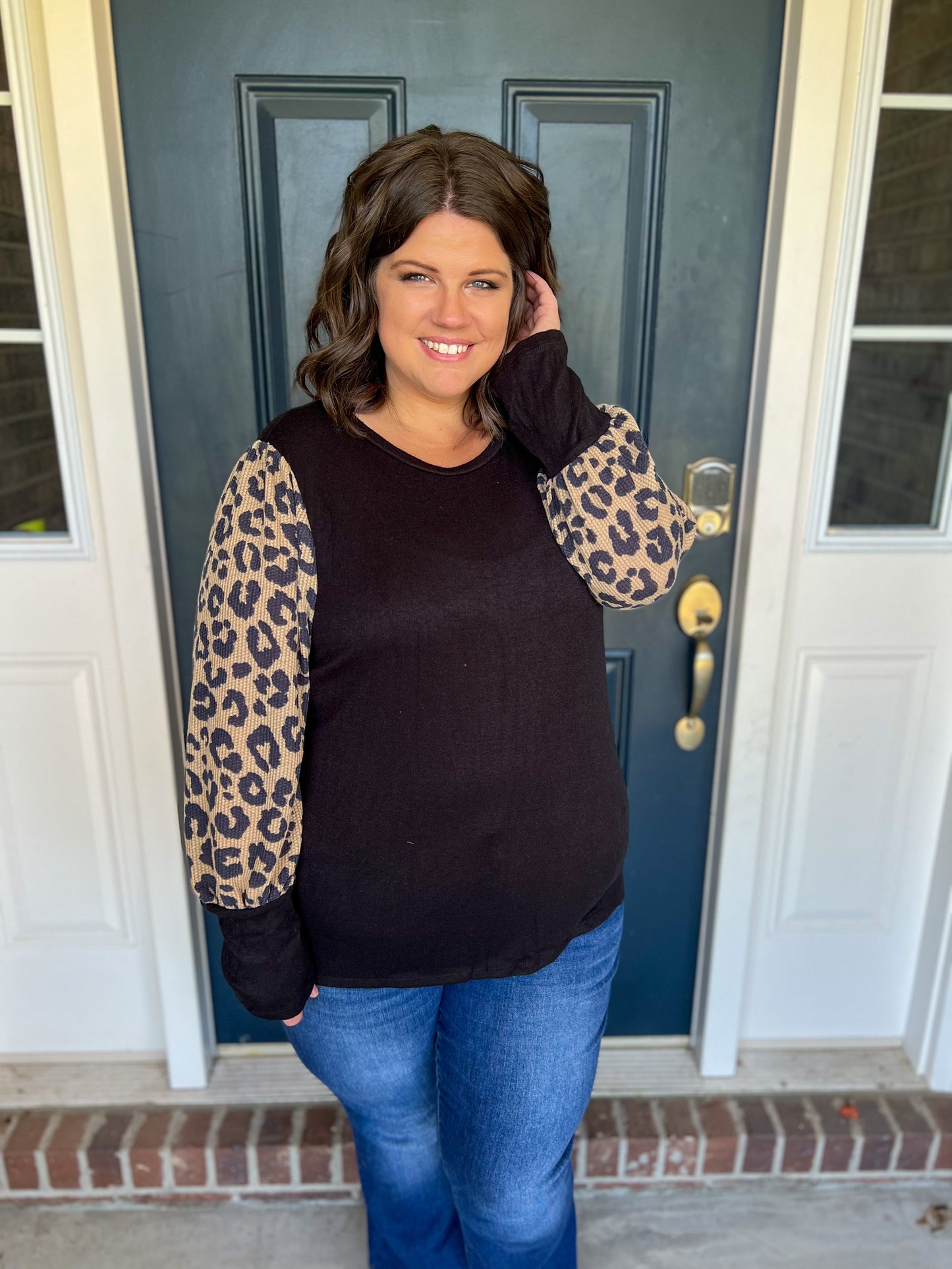 New! Mikayla Black with Animal Print Sleeves Top