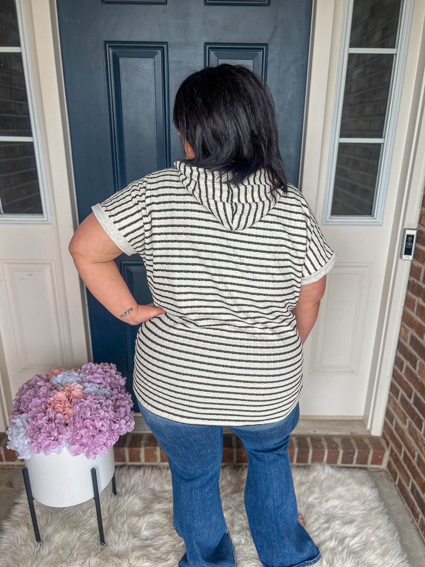 New! Allie Striped Hooded Short Sleeve Top