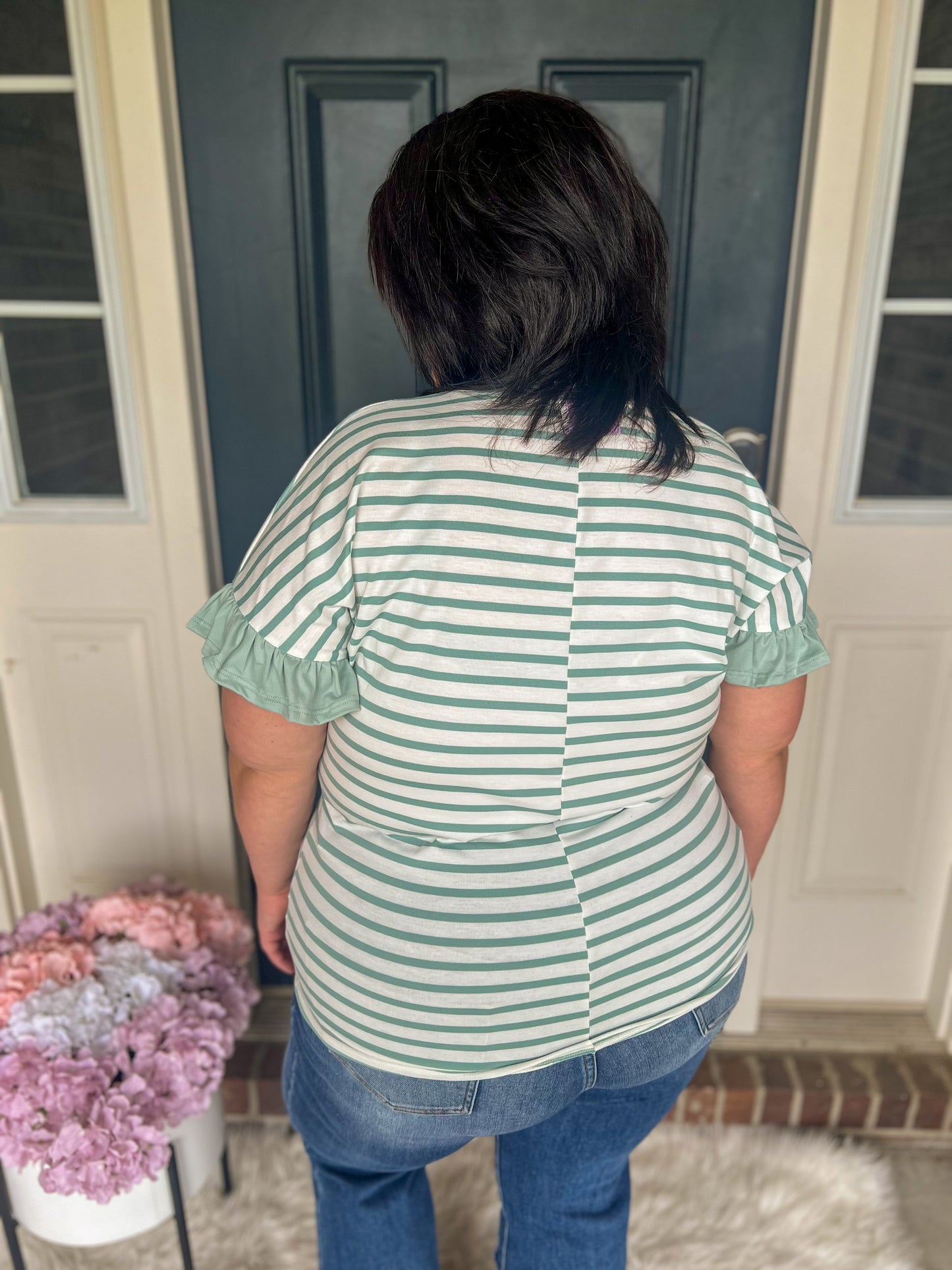 New! Aubrey Striped Ruffle Sleeve Top - Mint