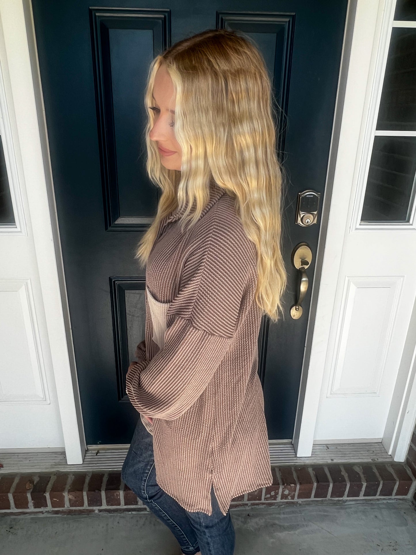 New! Take A Break Taupe Color Block Shacket