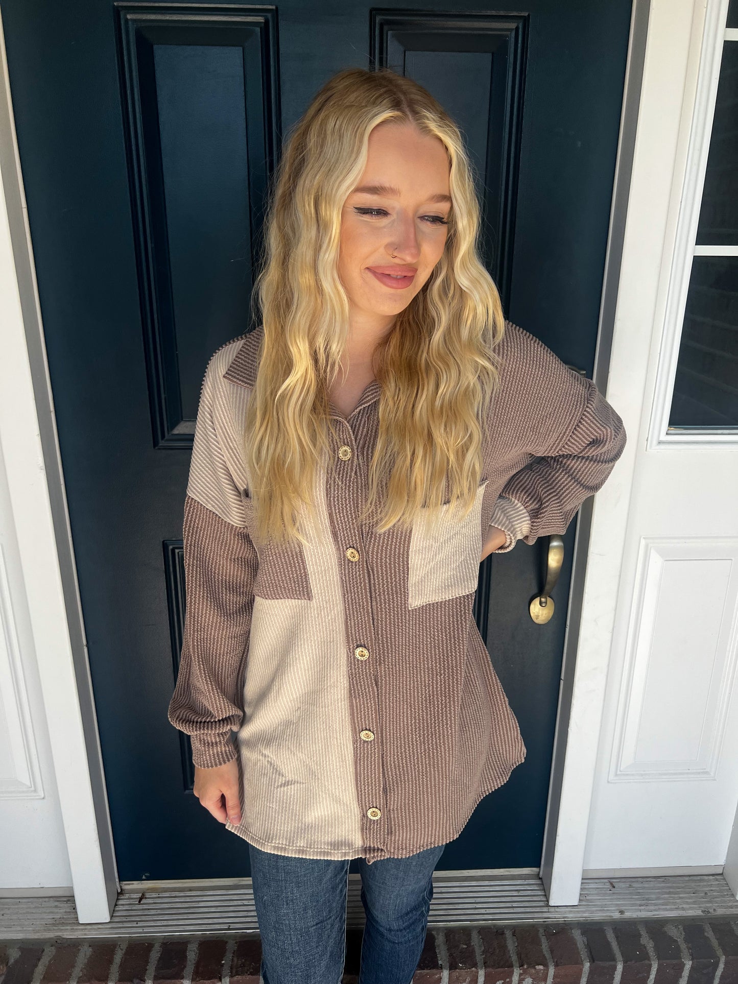 New! Take A Break Taupe Color Block Shacket