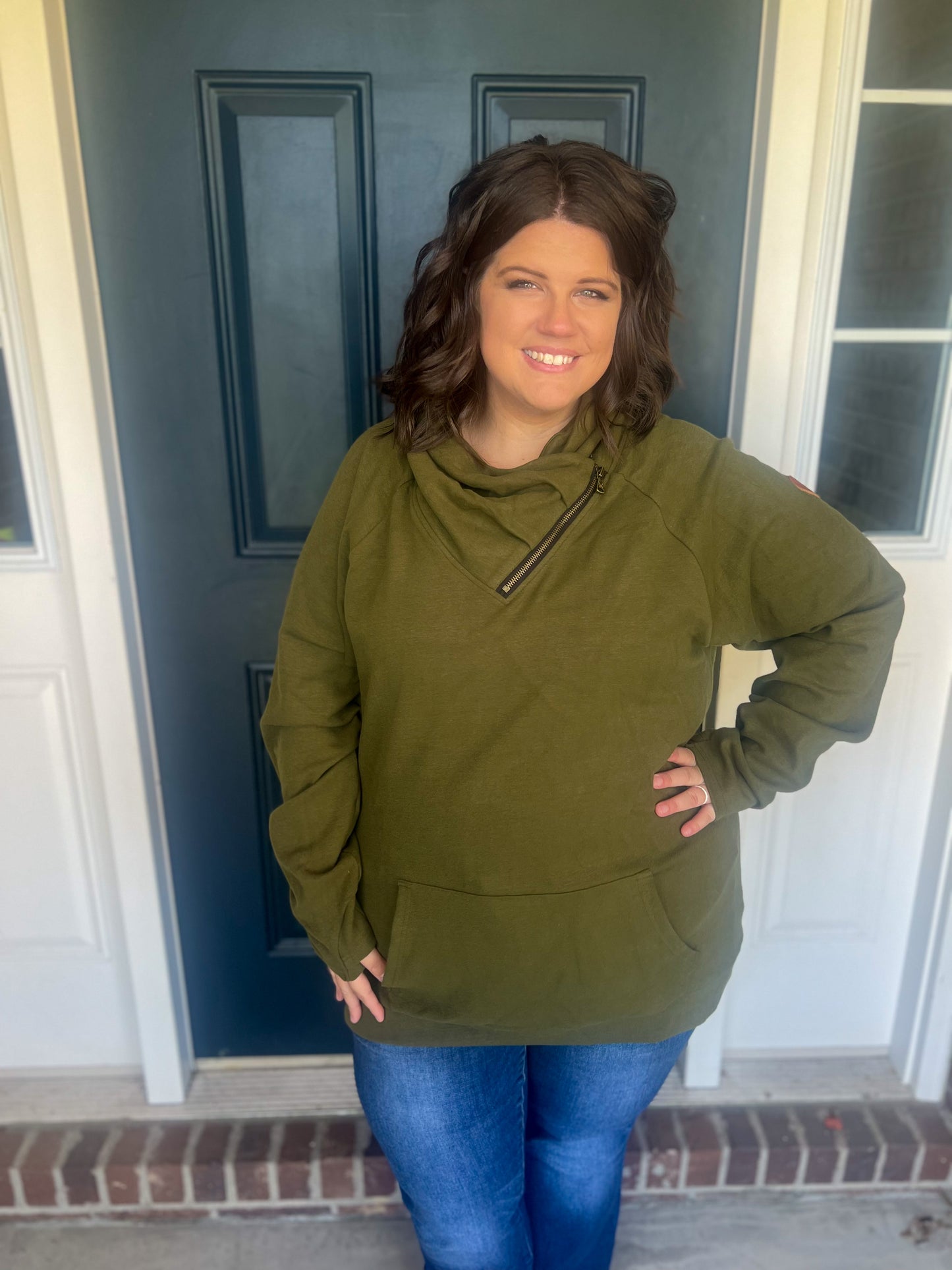 New! Michelle Mae Olive Zip Cowlneck Sweatshirt