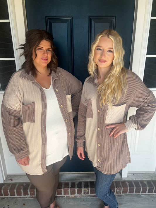 Take A Break Taupe Color Block Shacket