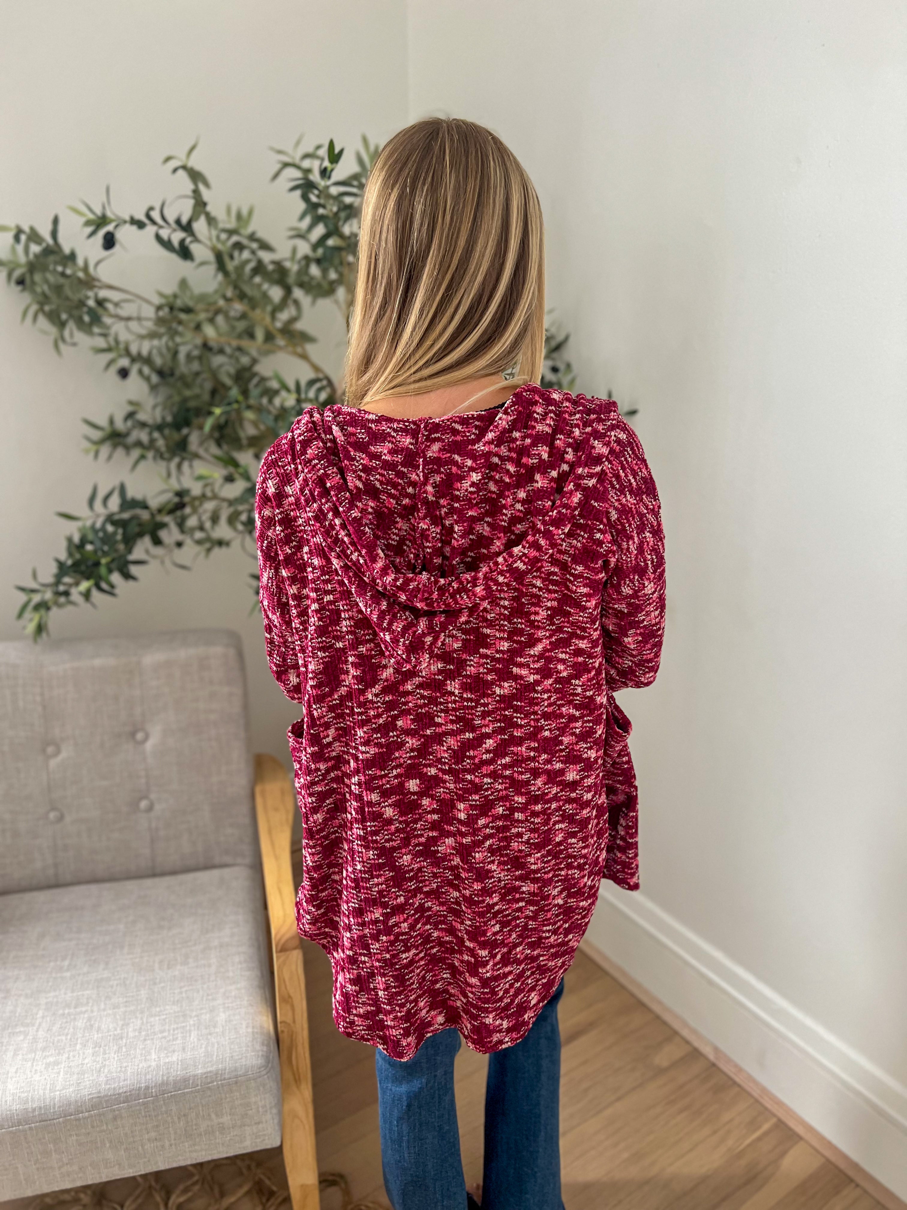 Cozy Hooded Open Front Cardigan - Burgundy