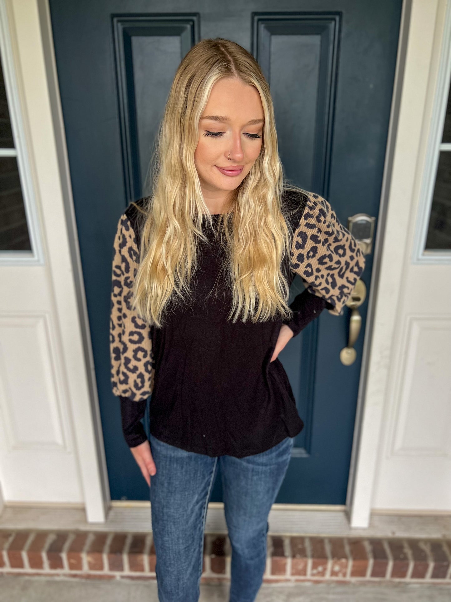 New! Mikayla Black with Animal Print Sleeves Top