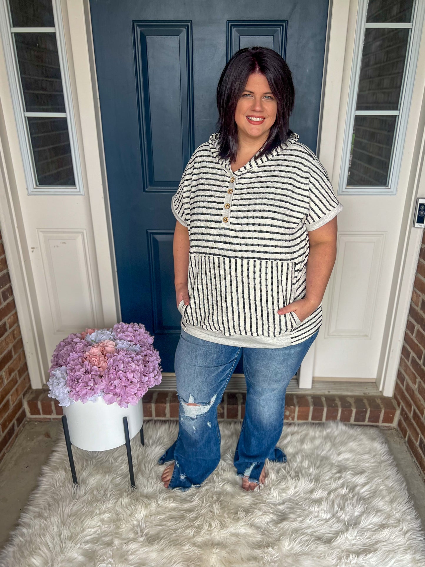 New! Allie Striped Hooded Short Sleeve Top