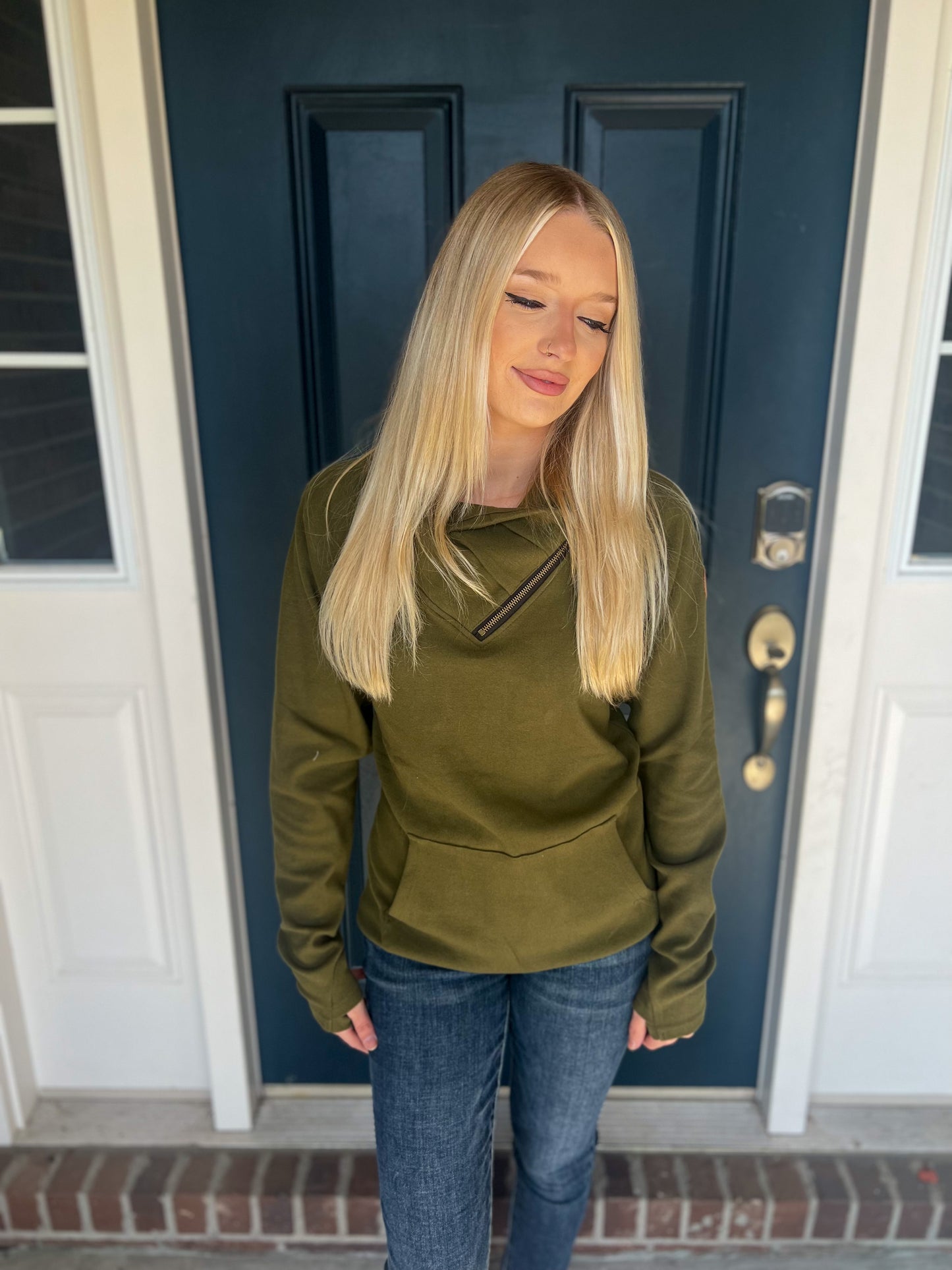 New! Michelle Mae Olive Zip Cowlneck Sweatshirt