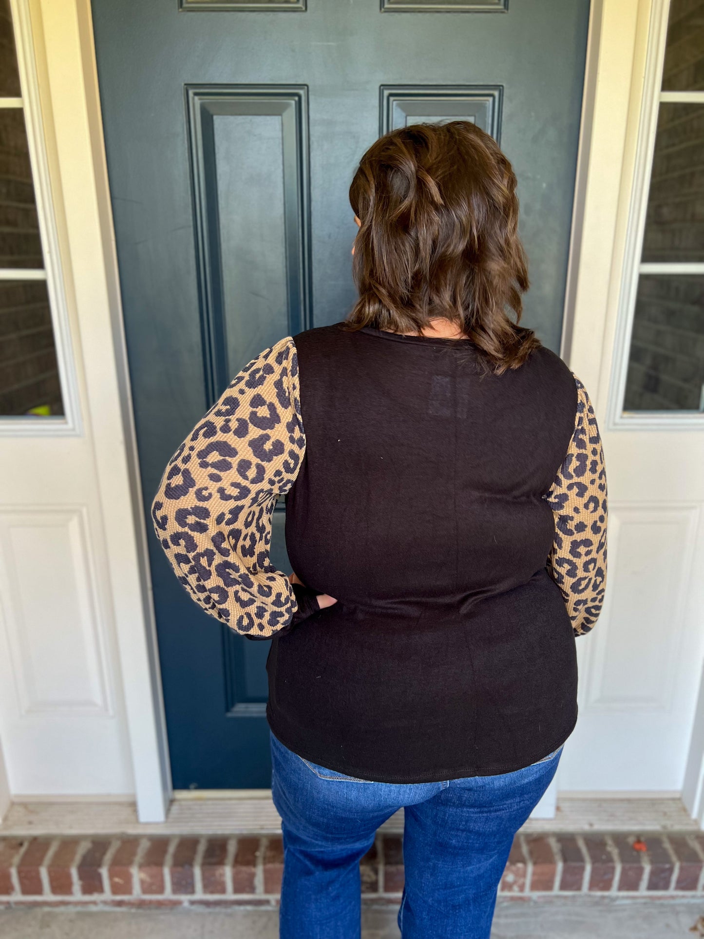 New! Mikayla Black with Animal Print Sleeves Top