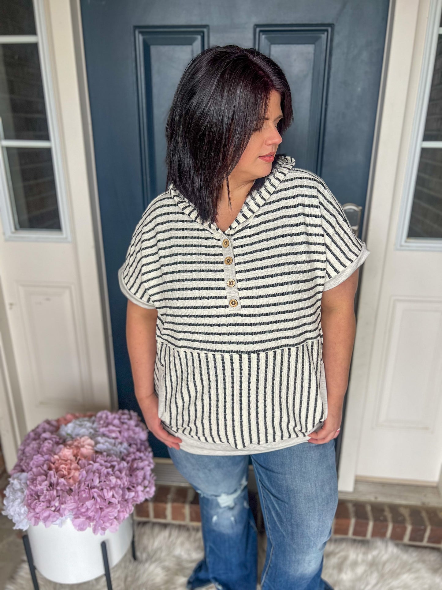 New! Allie Striped Hooded Short Sleeve Top