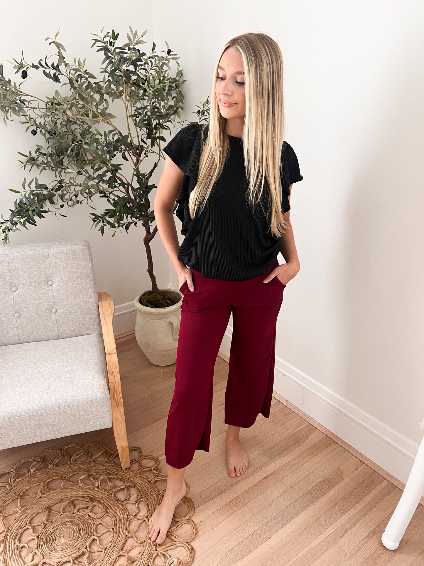 New! Lucy Wide Leg Stretchy Crop Pants - Burgundy