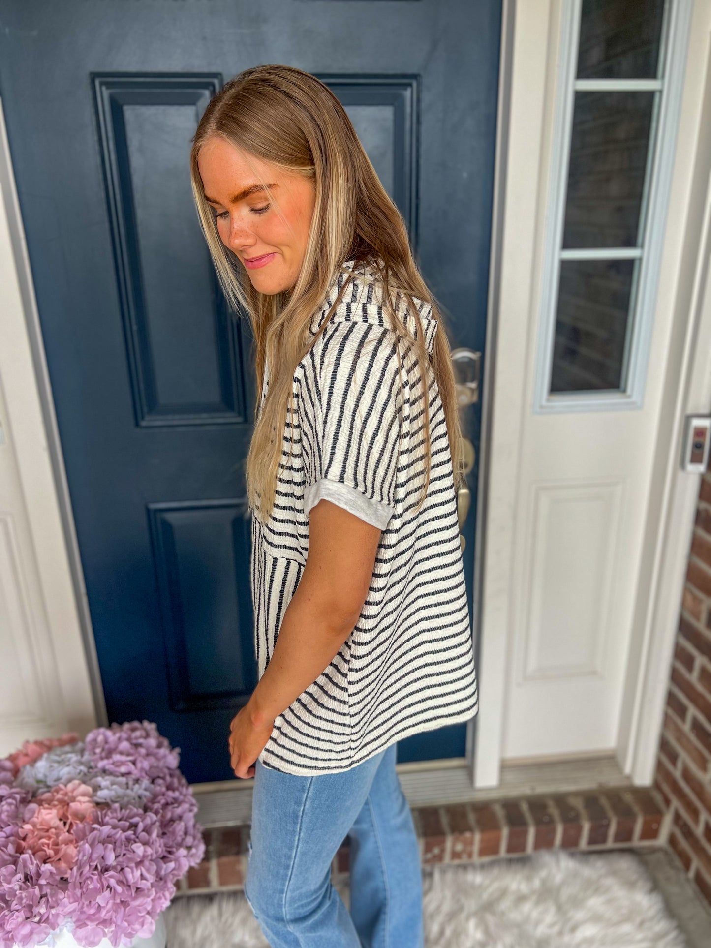 New! Allie Striped Hooded Short Sleeve Top