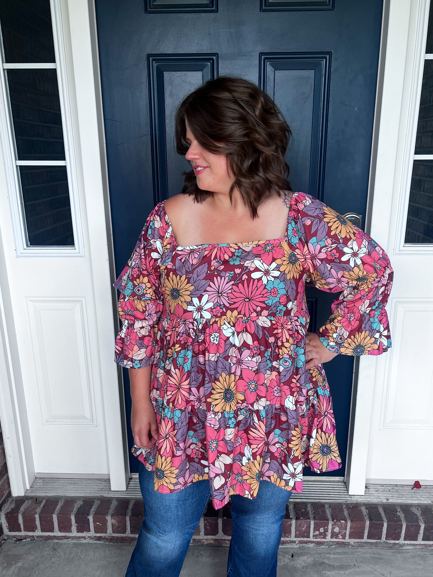 New! Waiting for You Floral Peasant Blouse