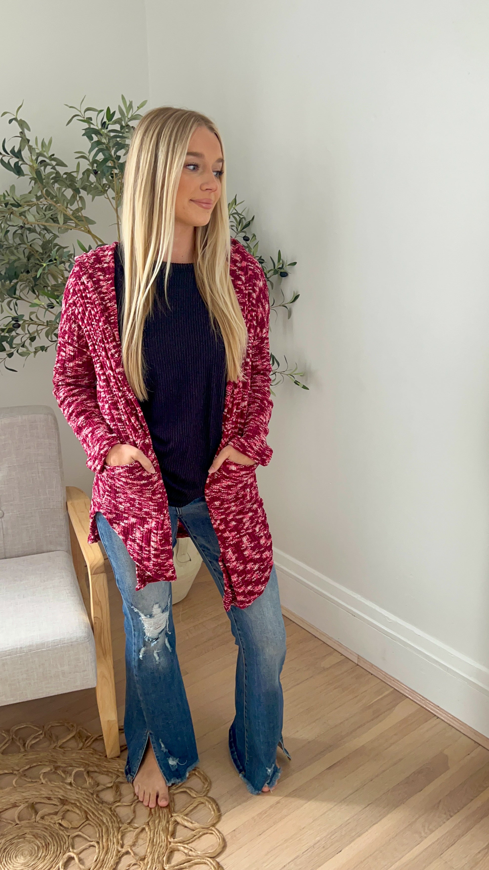 Cozy Hooded Open Front Cardigan - Burgundy