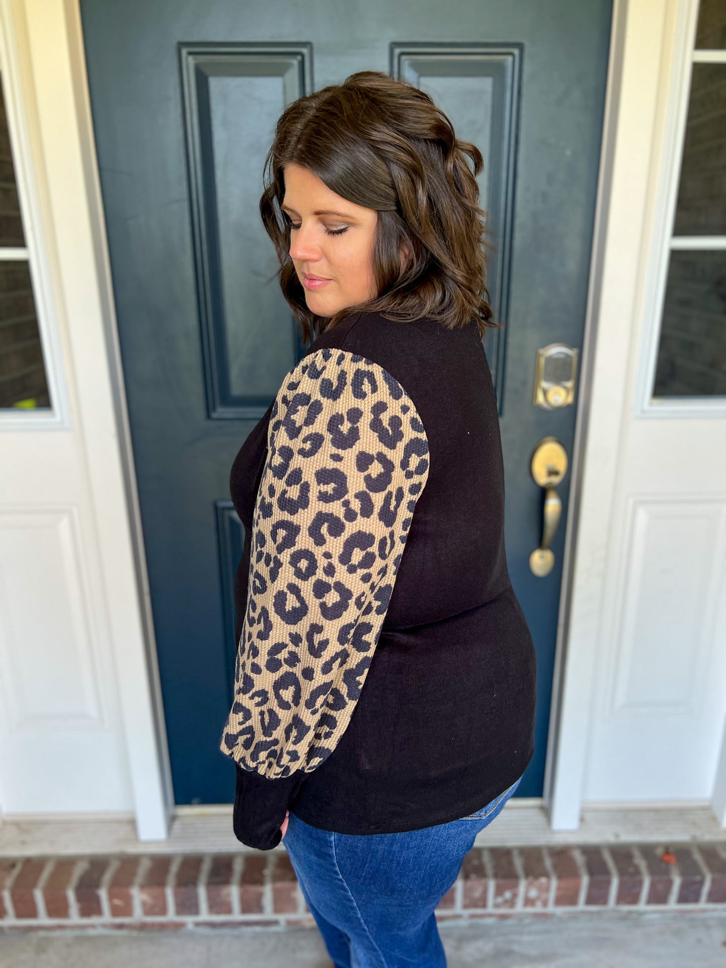 New! Mikayla Black with Animal Print Sleeves Top