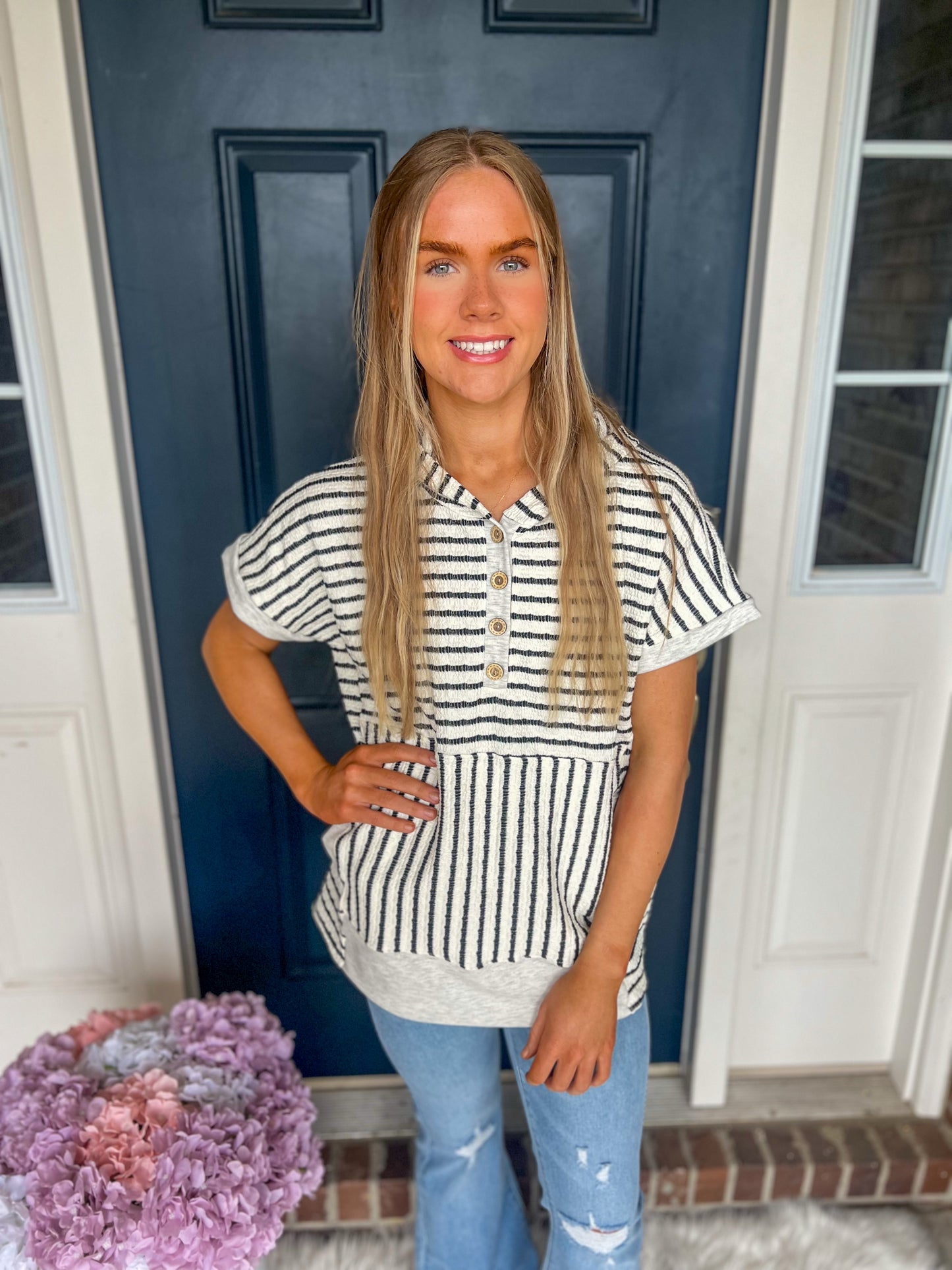 New! Allie Striped Hooded Short Sleeve Top