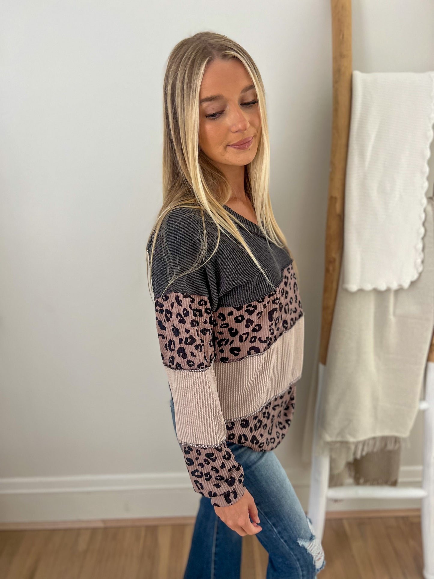 New! Josie Leopard Colorblock Top