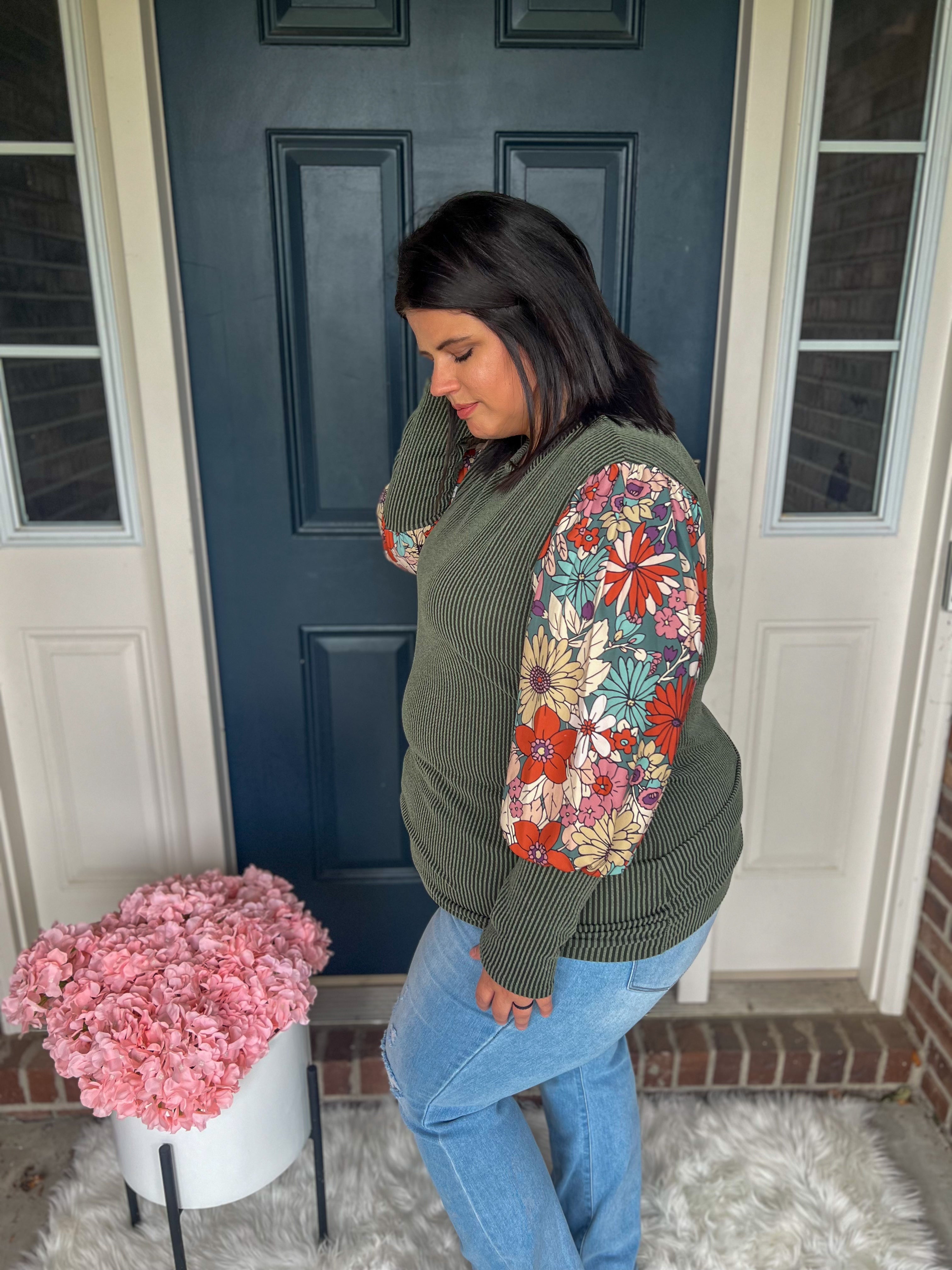 Aurora Olive Floral Sleeve Top