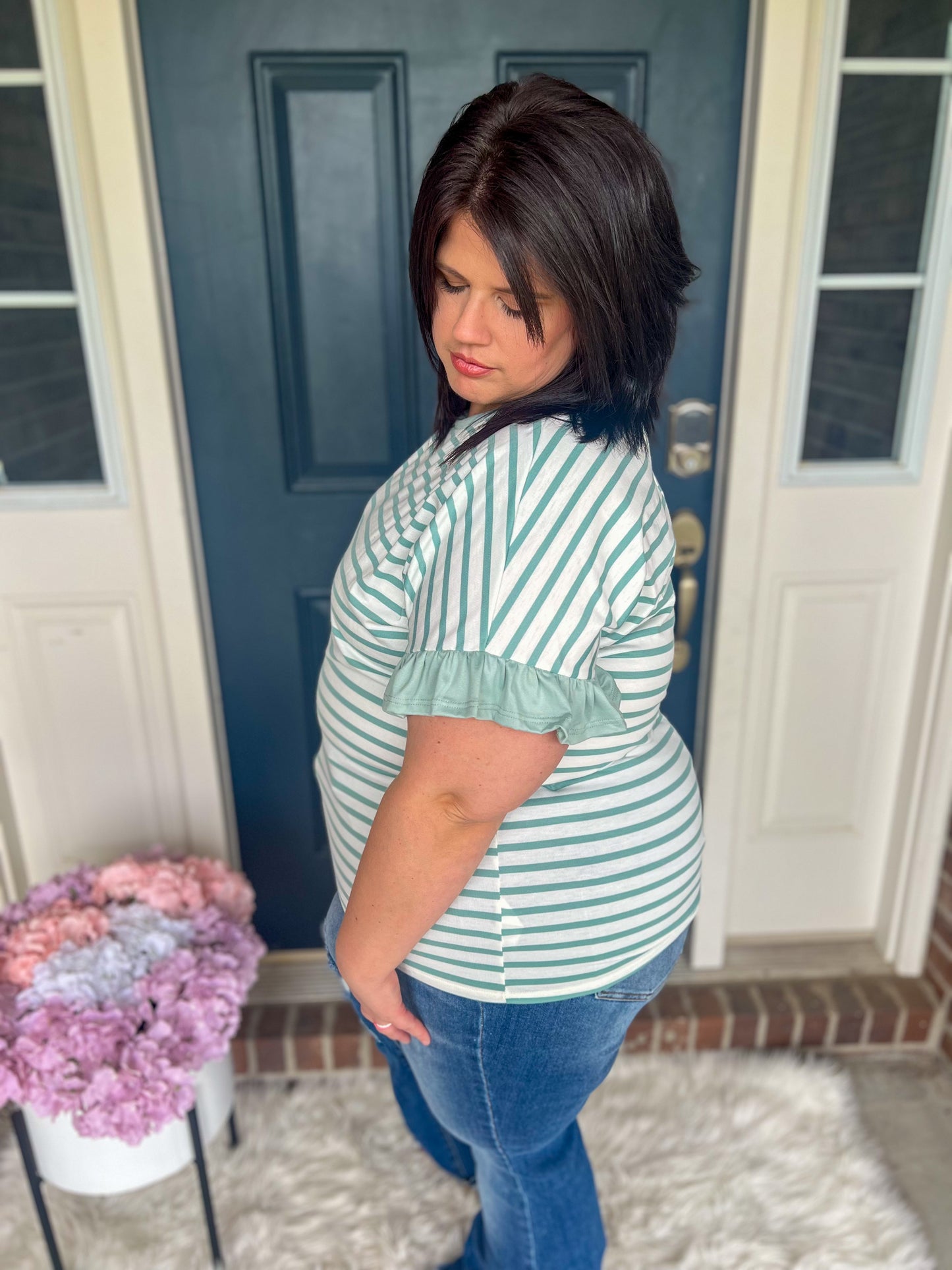 New! Aubrey Striped Ruffle Sleeve Top - Mint