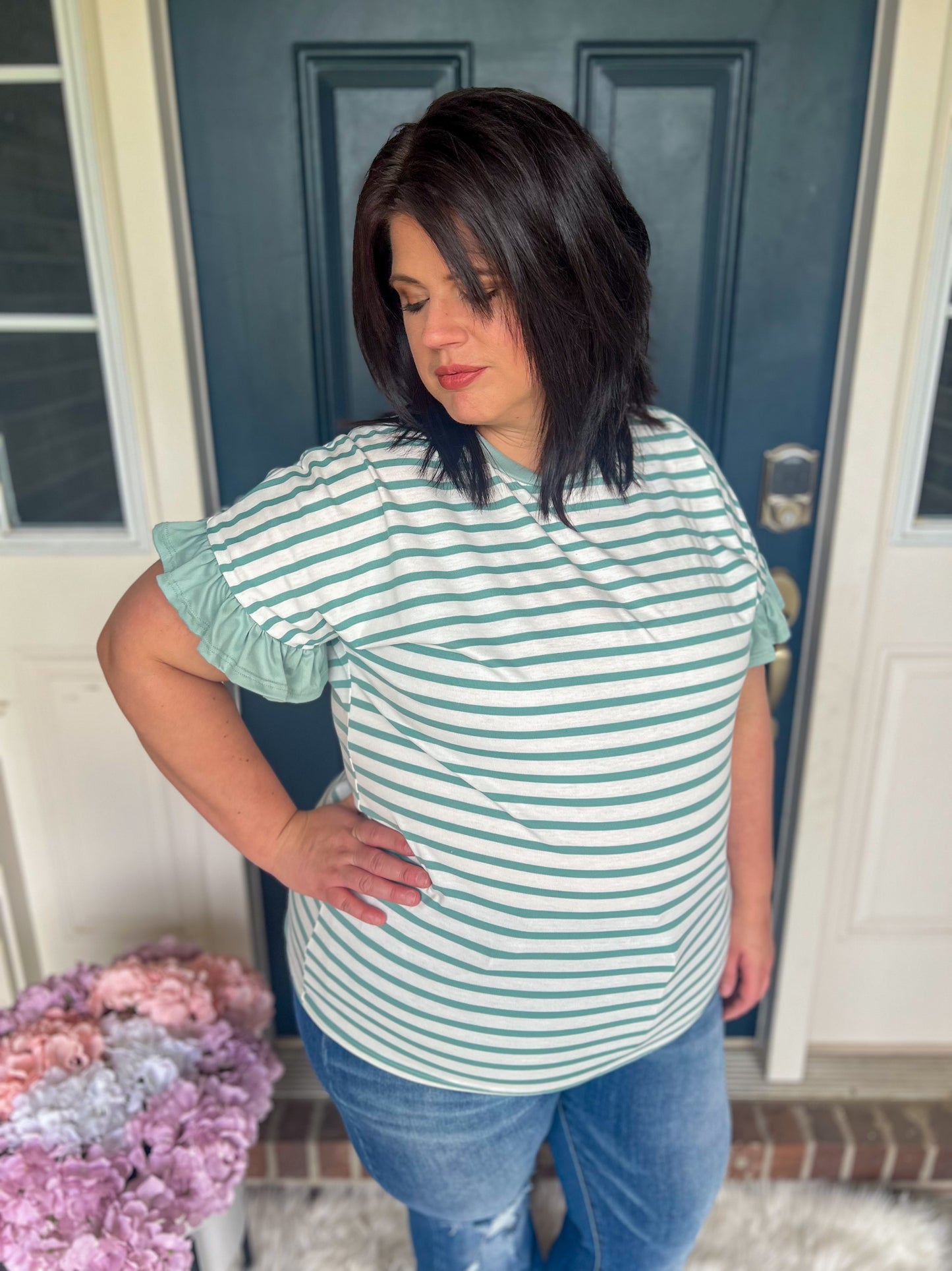 New! Aubrey Striped Ruffle Sleeve Top - Mint