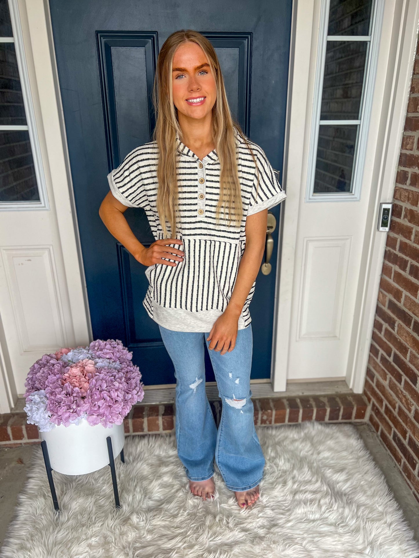 New! Allie Striped Hooded Short Sleeve Top