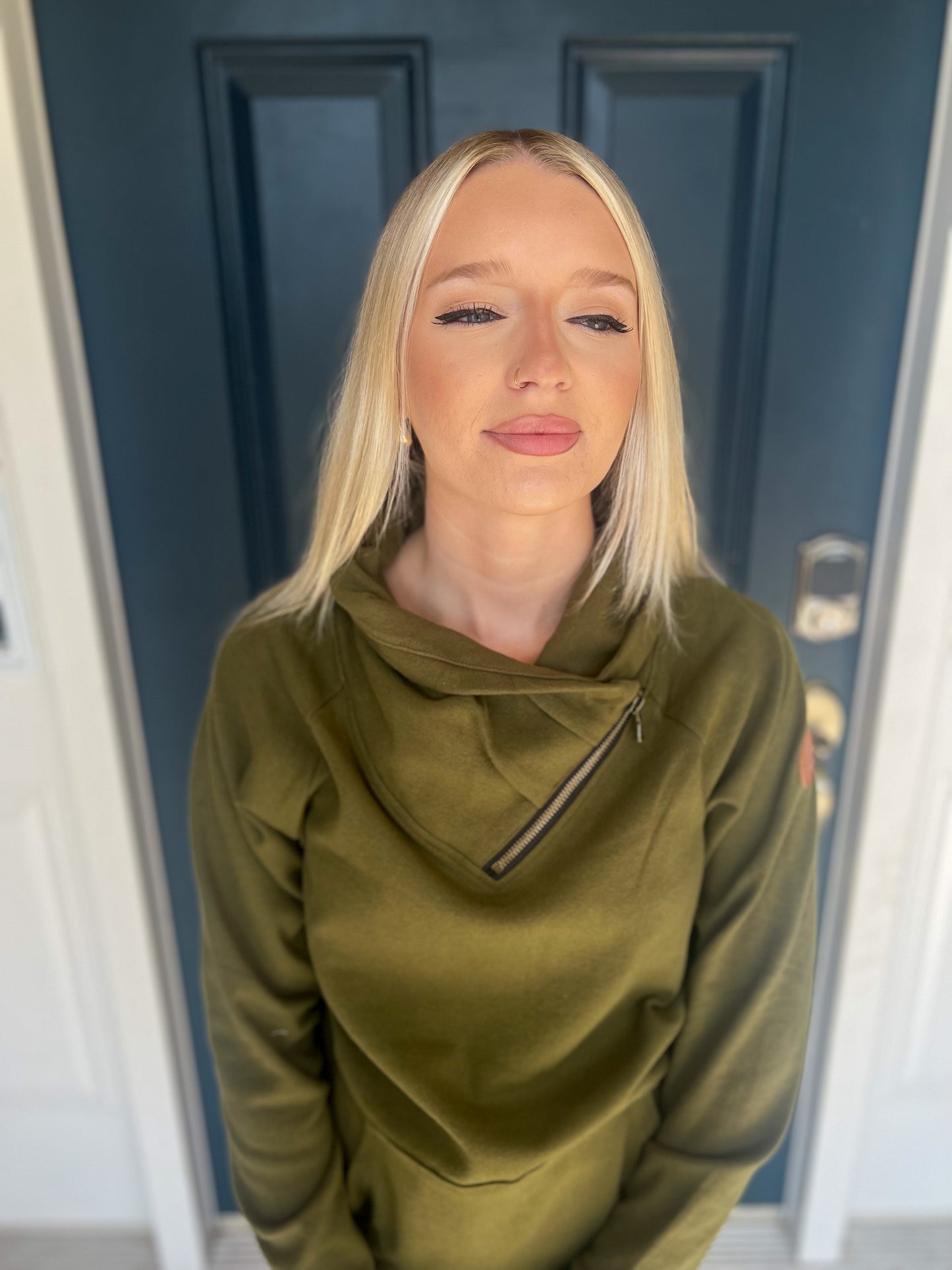 New! Michelle Mae Olive Zip Cowlneck Sweatshirt