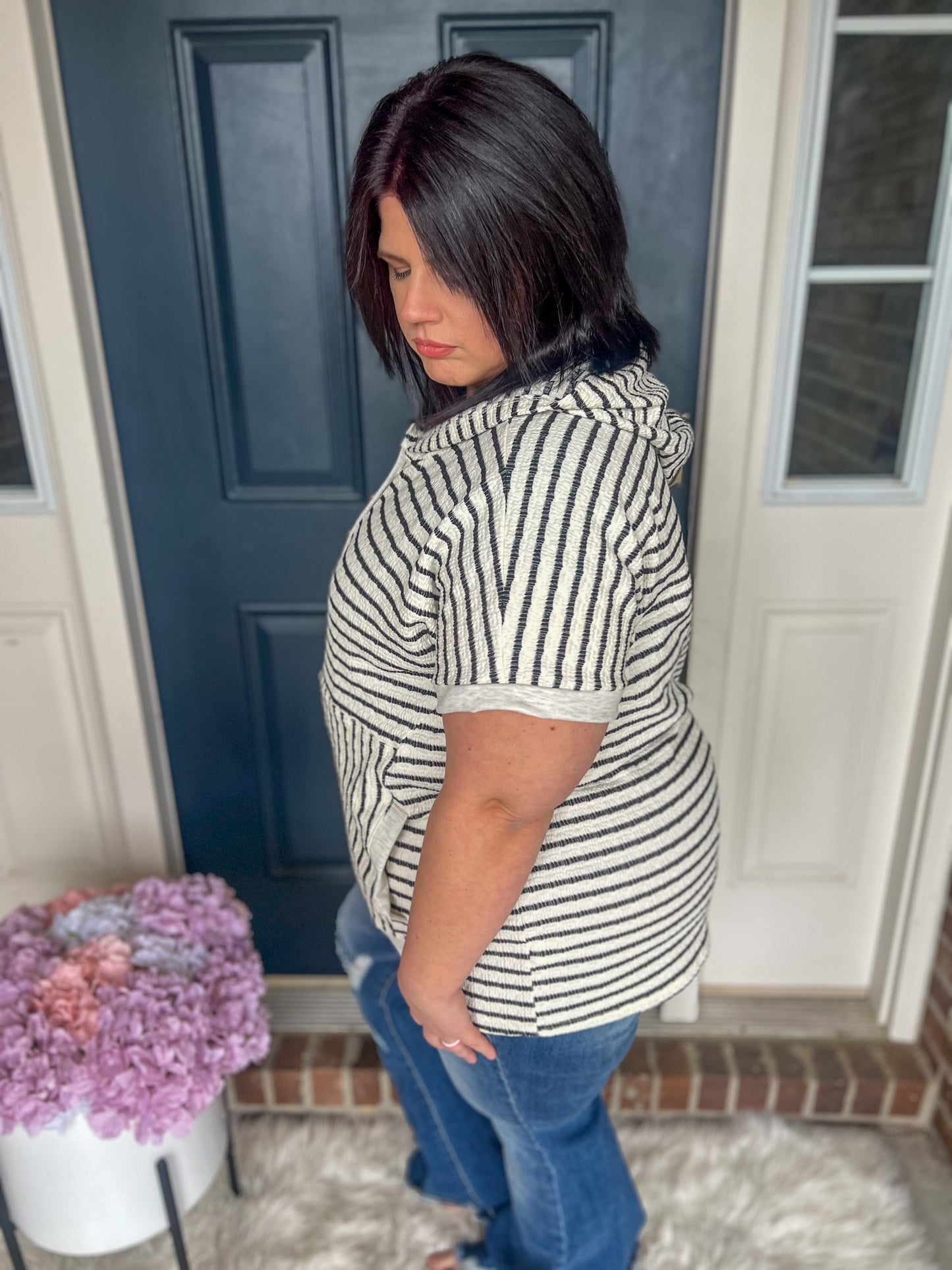 New! Allie Striped Hooded Short Sleeve Top