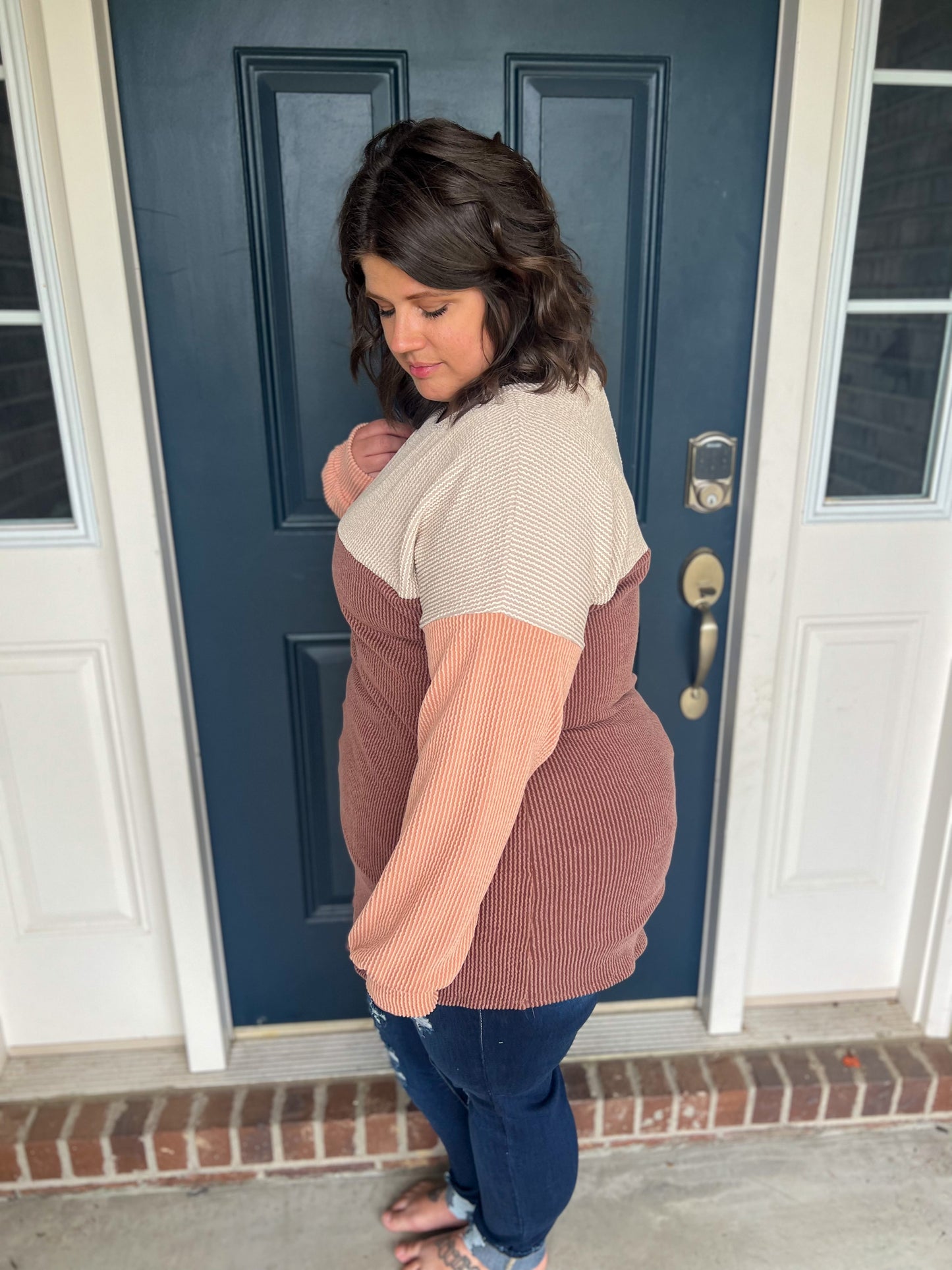 New! Keeley Corded Color Block Top - Taupe and Chocolate