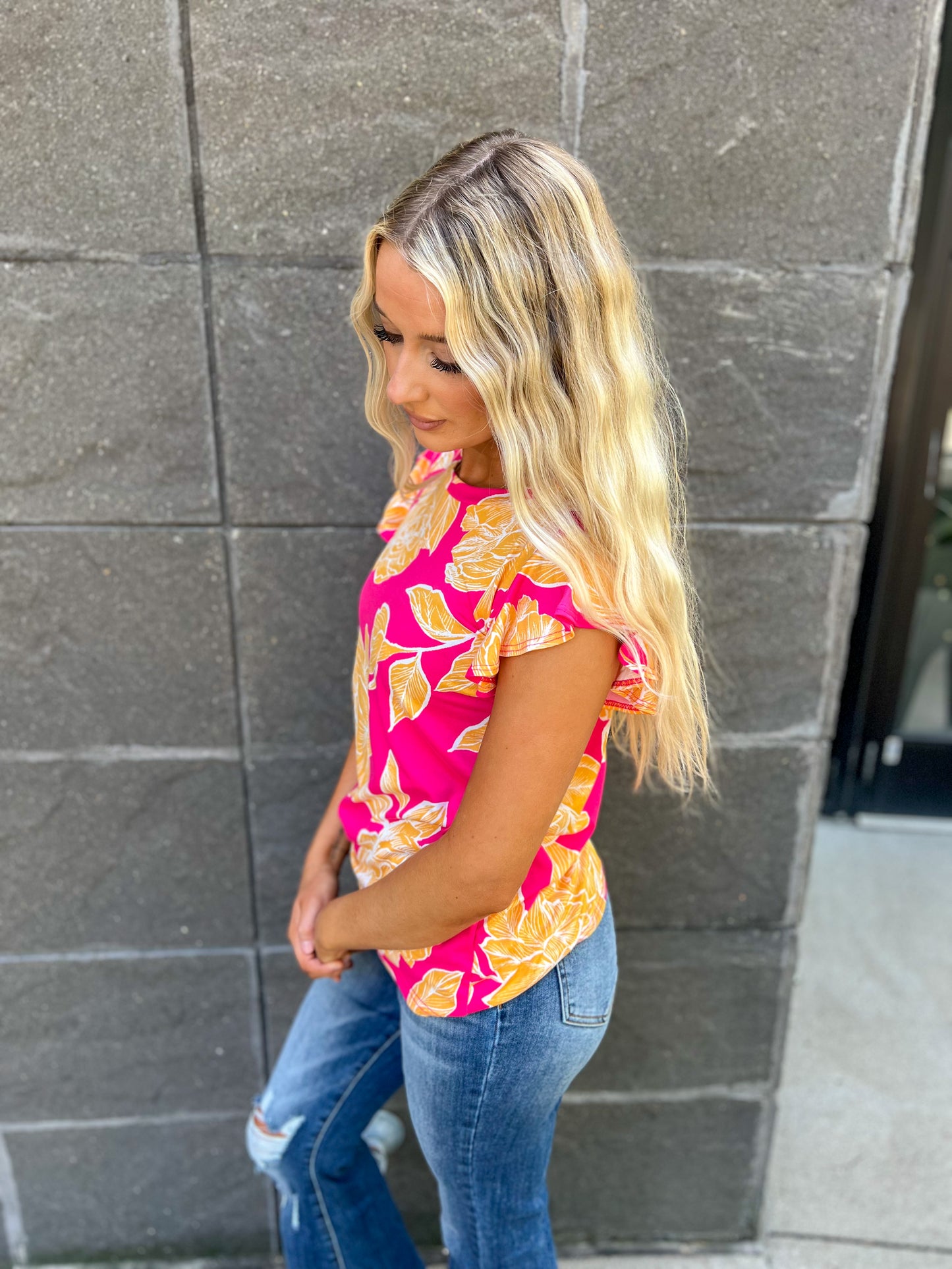 New! Pink and Yellow Floral Ruffle Sleeve Top