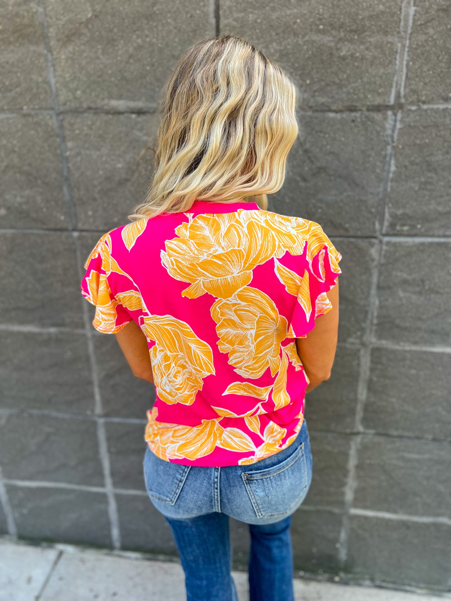 New! Pink and Yellow Floral Ruffle Sleeve Top