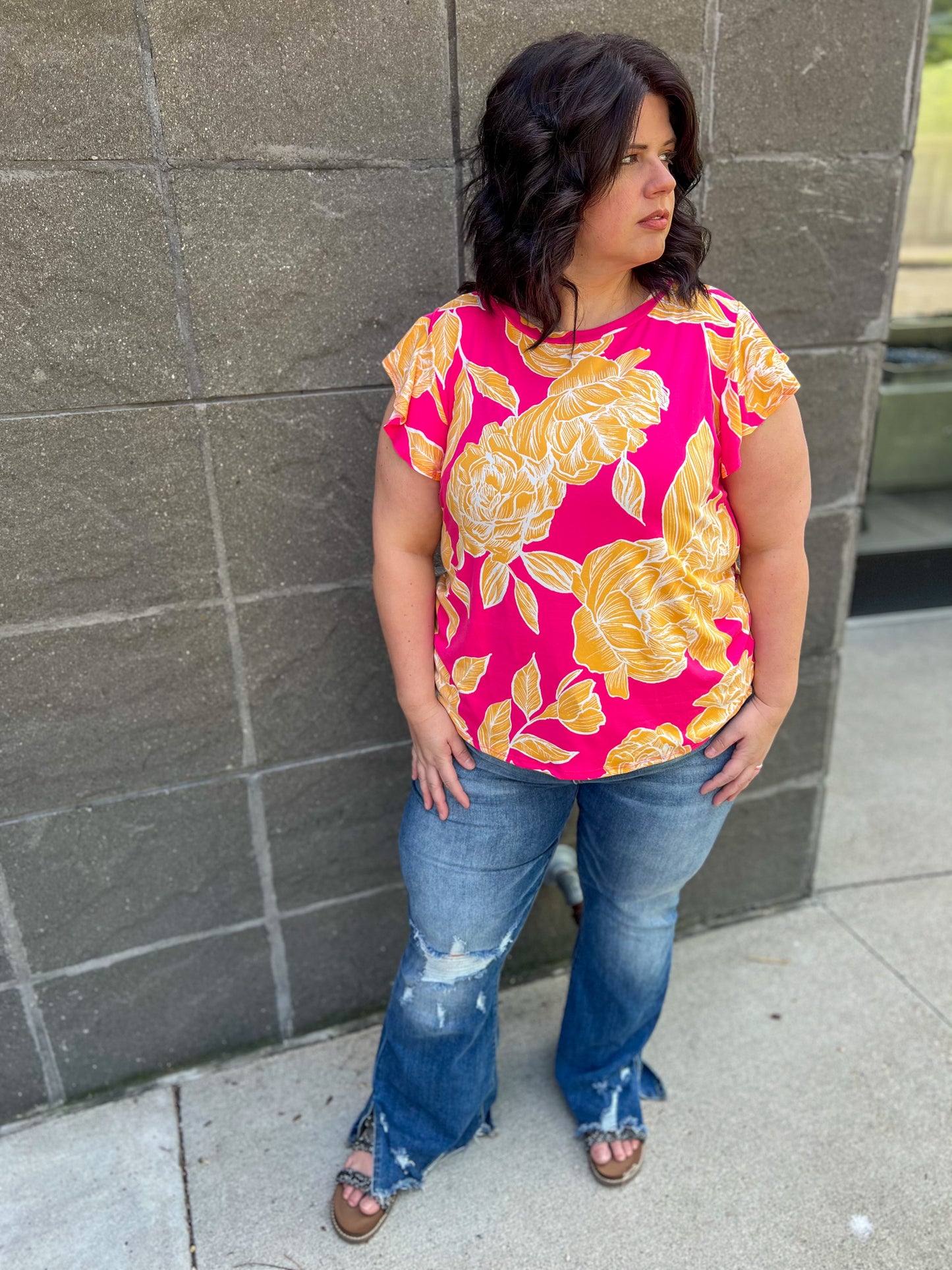 New! Pink and Yellow Floral Ruffle Sleeve Top