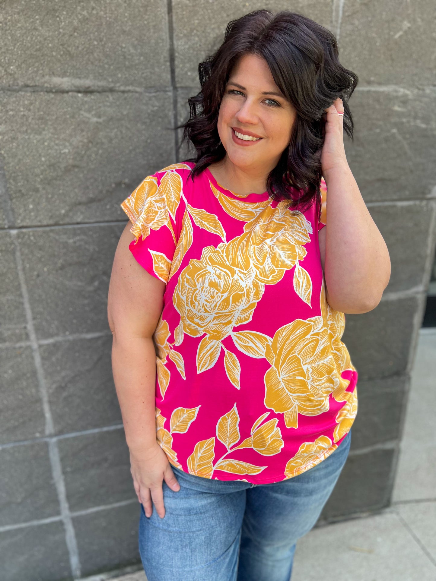 New! Pink and Yellow Floral Ruffle Sleeve Top