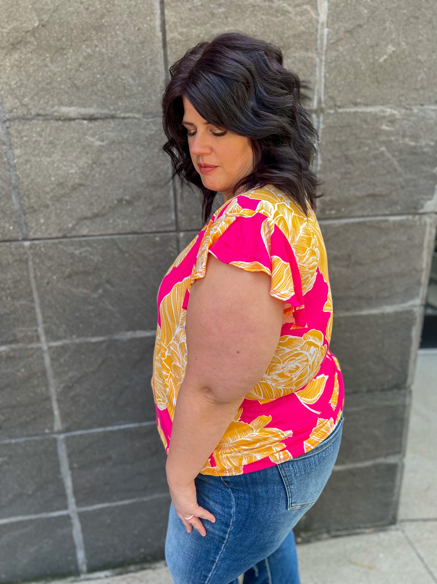 New! Pink and Yellow Floral Ruffle Sleeve Top