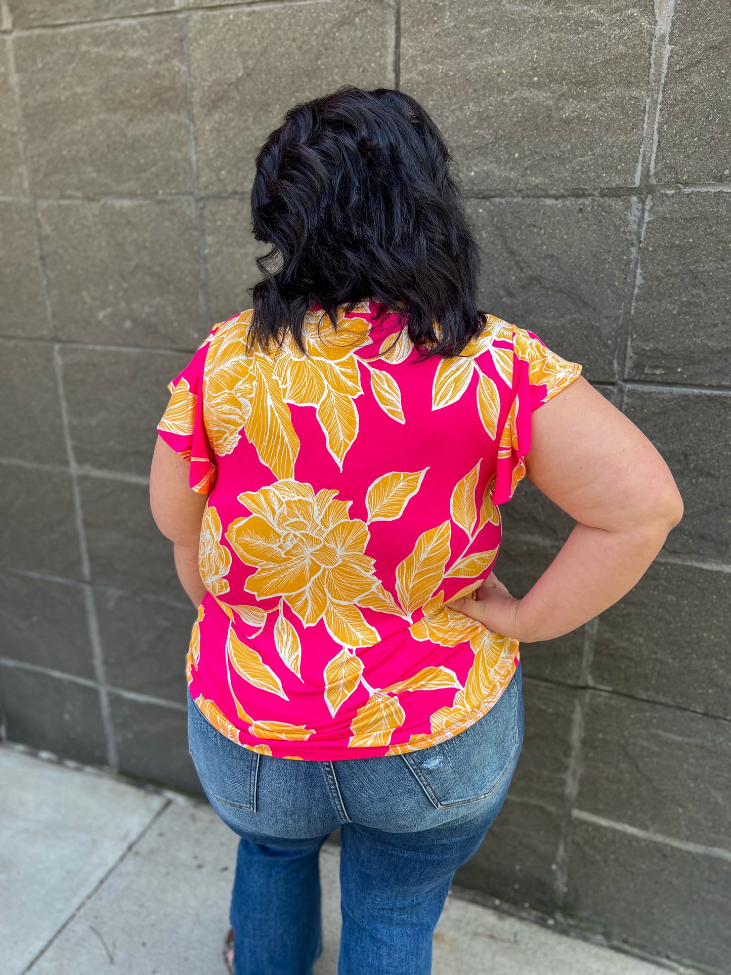 New! Pink and Yellow Floral Ruffle Sleeve Top