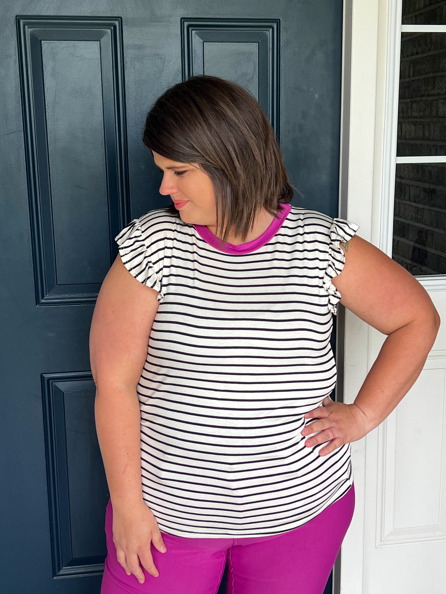 Don't Blame Me Black Stripe Ruffle Top