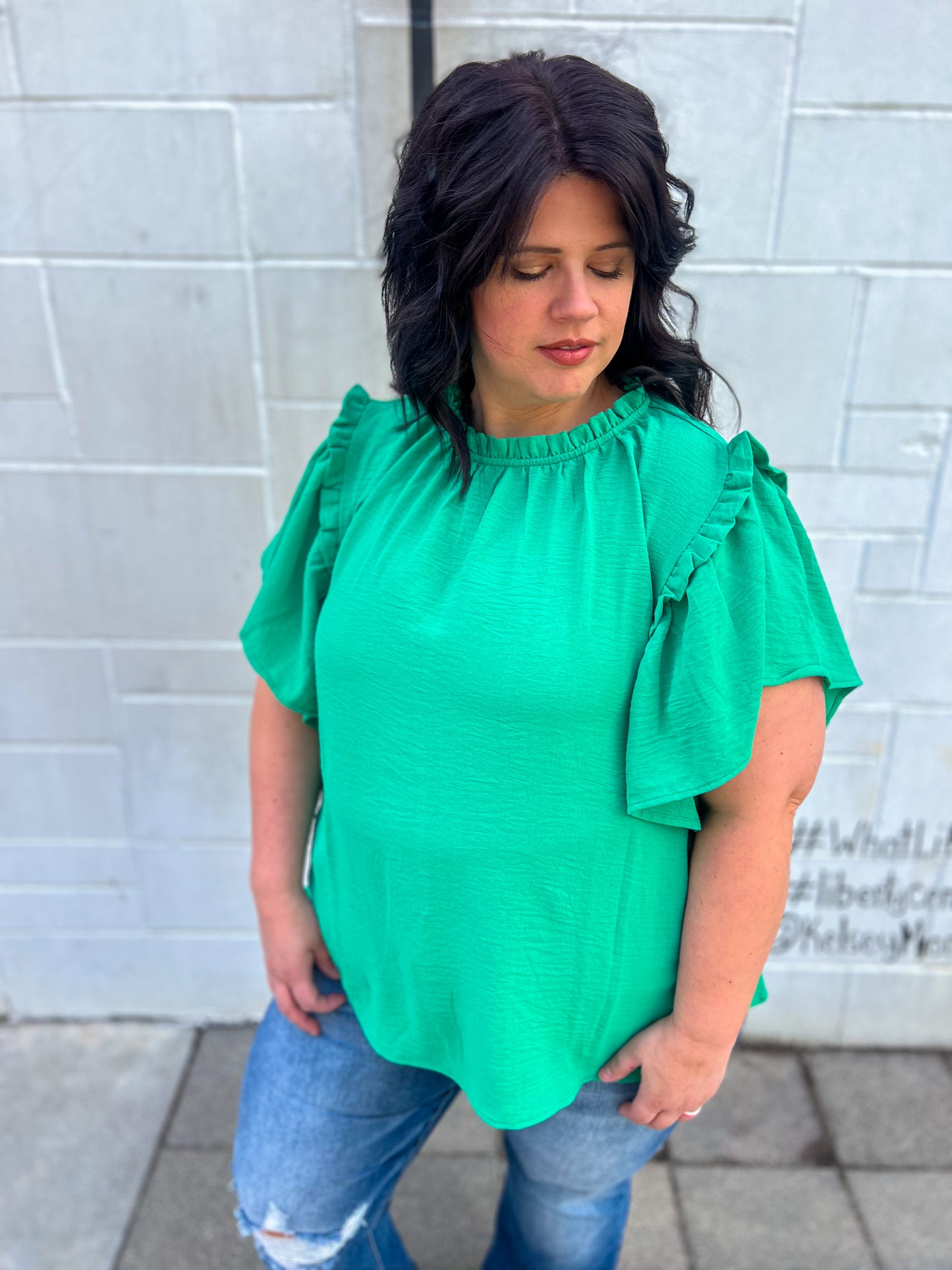 New! Serena Flutter Sleeve Blouse - Emerald Green