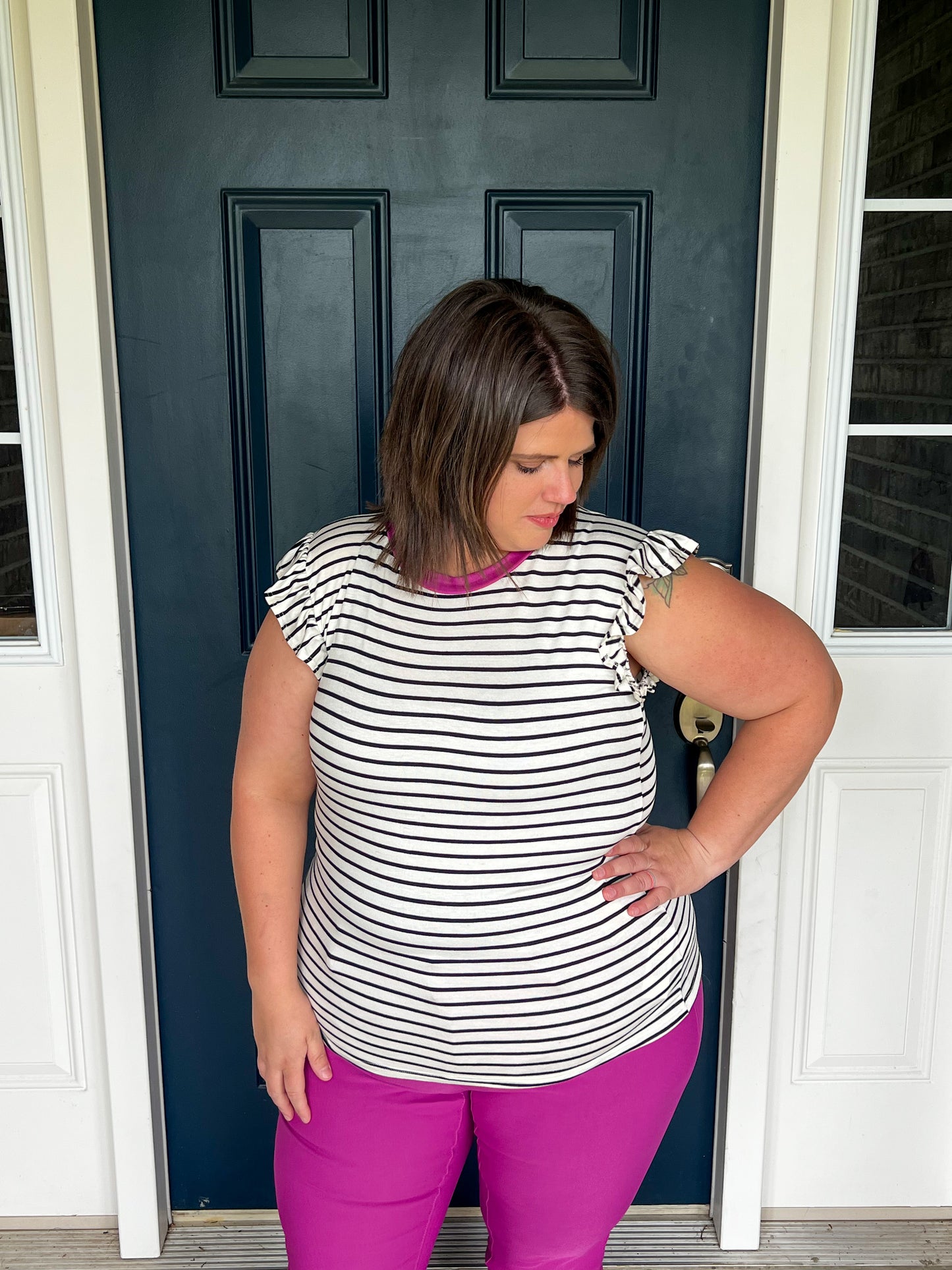 Don't Blame Me Black Stripe Ruffle Top