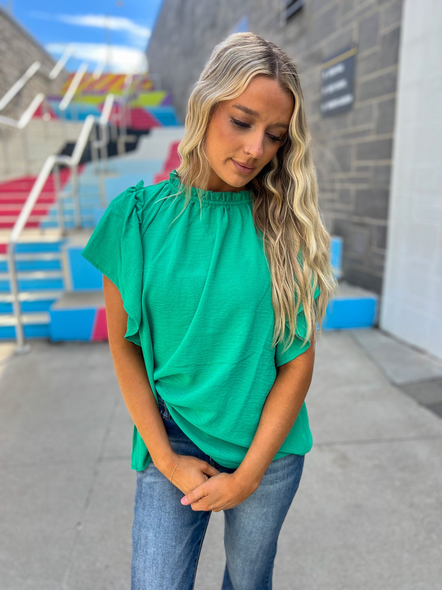 New! Serena Flutter Sleeve Blouse - Emerald Green
