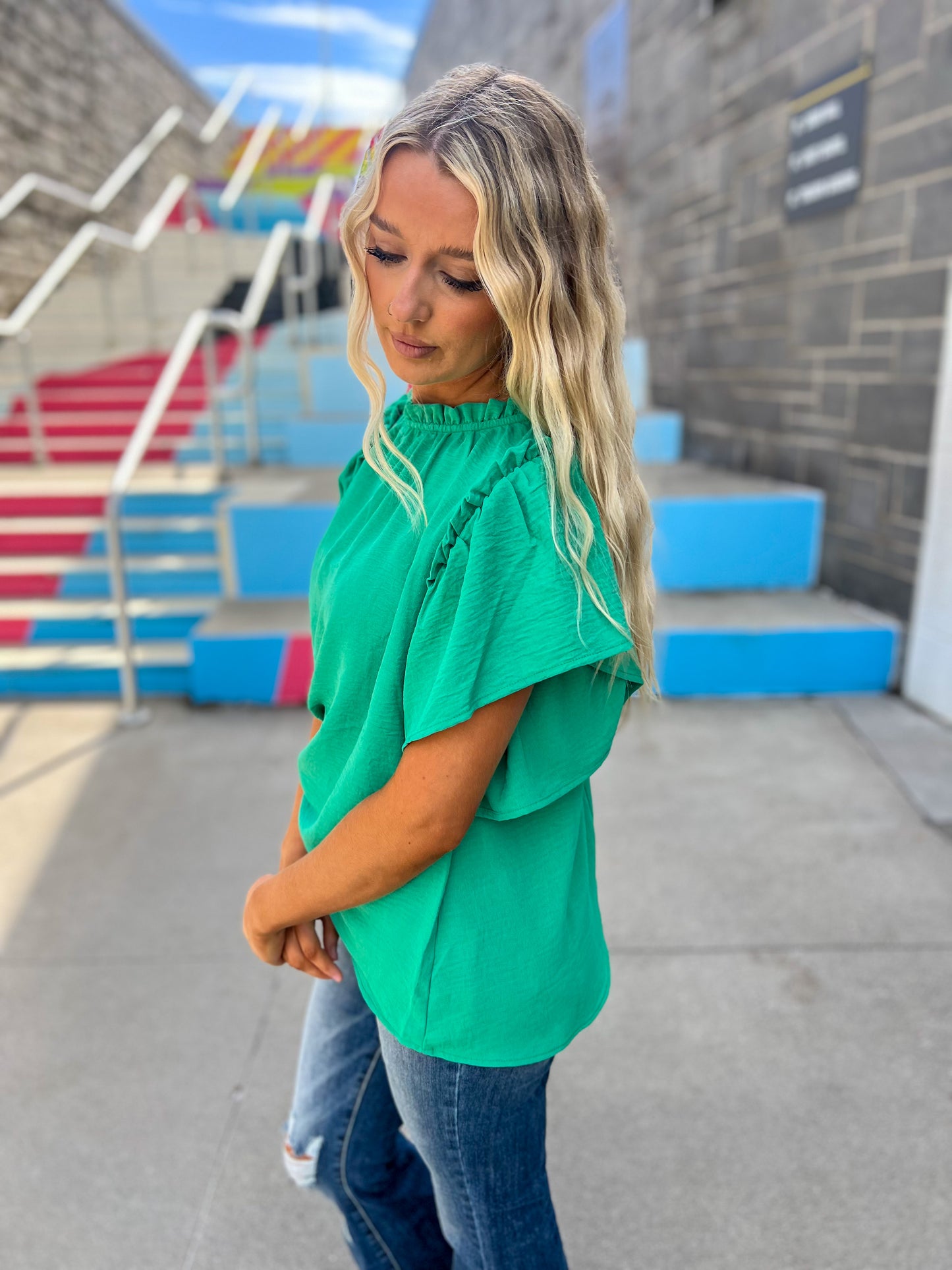 New! Serena Flutter Sleeve Blouse - Emerald Green