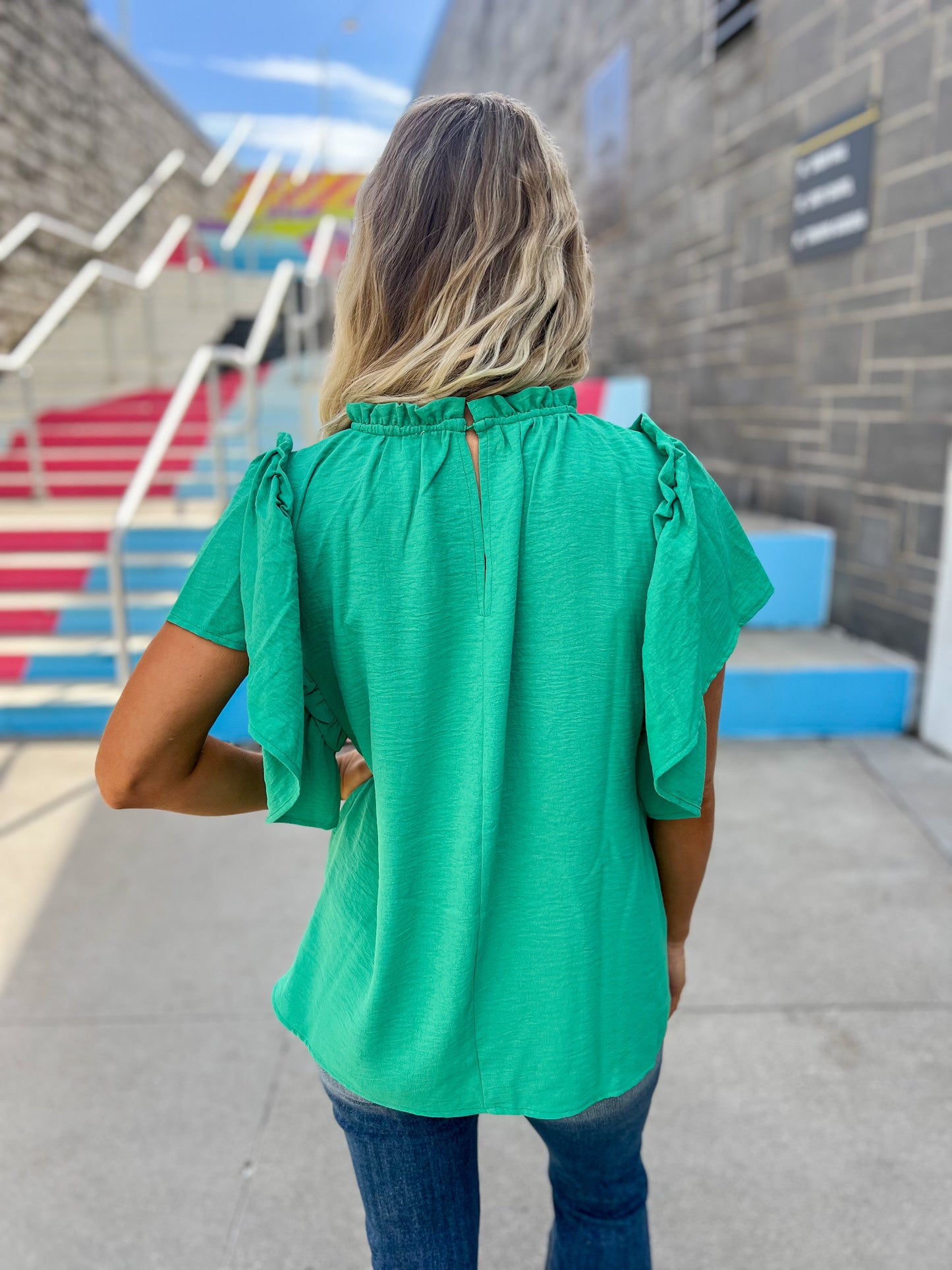 New! Serena Flutter Sleeve Blouse - Emerald Green