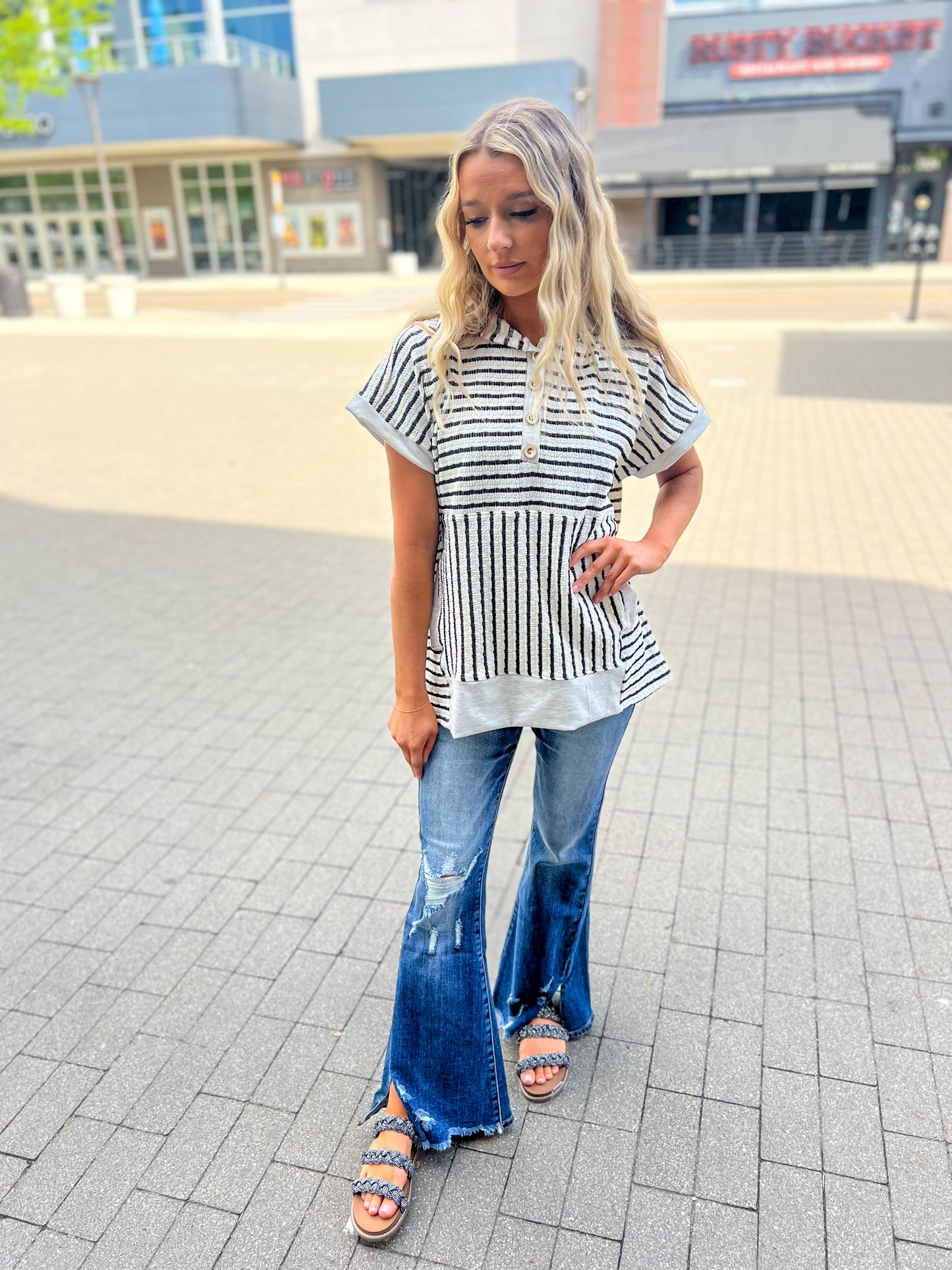 New! Allie Striped Hooded Short Sleeve Top
