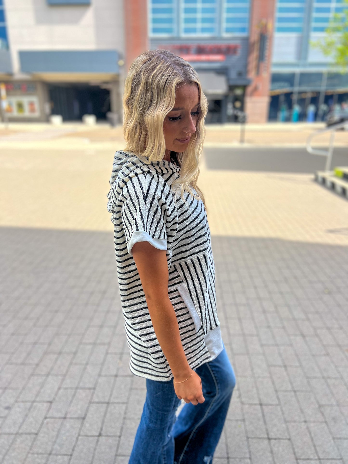 New! Allie Striped Hooded Short Sleeve Top