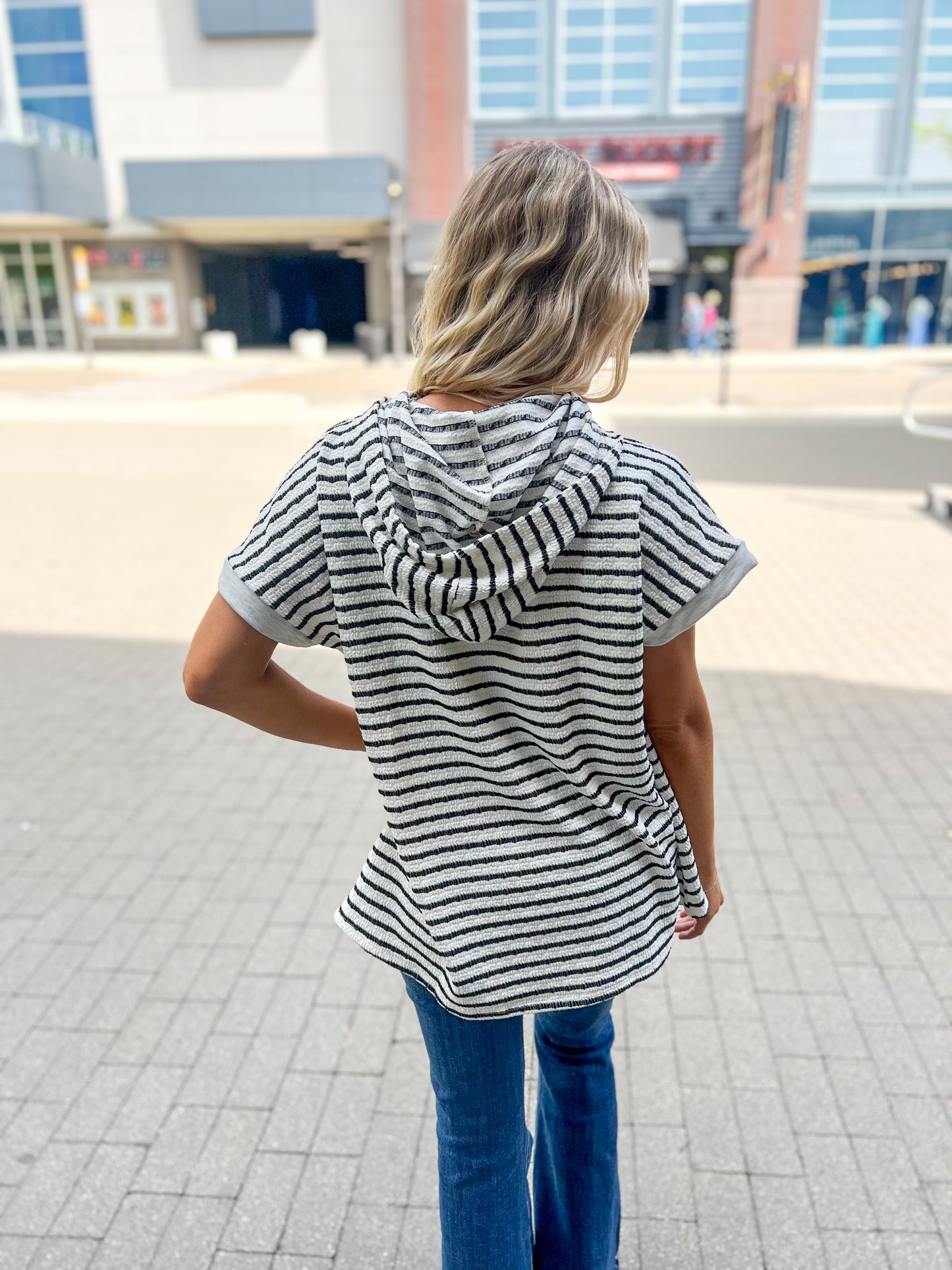 New! Allie Striped Hooded Short Sleeve Top
