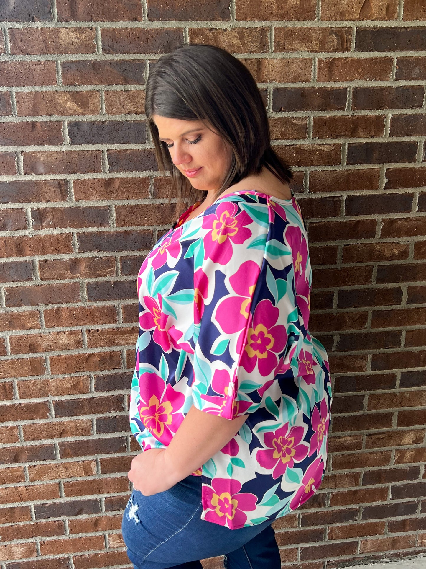 Constance Floral Blouse - Magenta and Navy