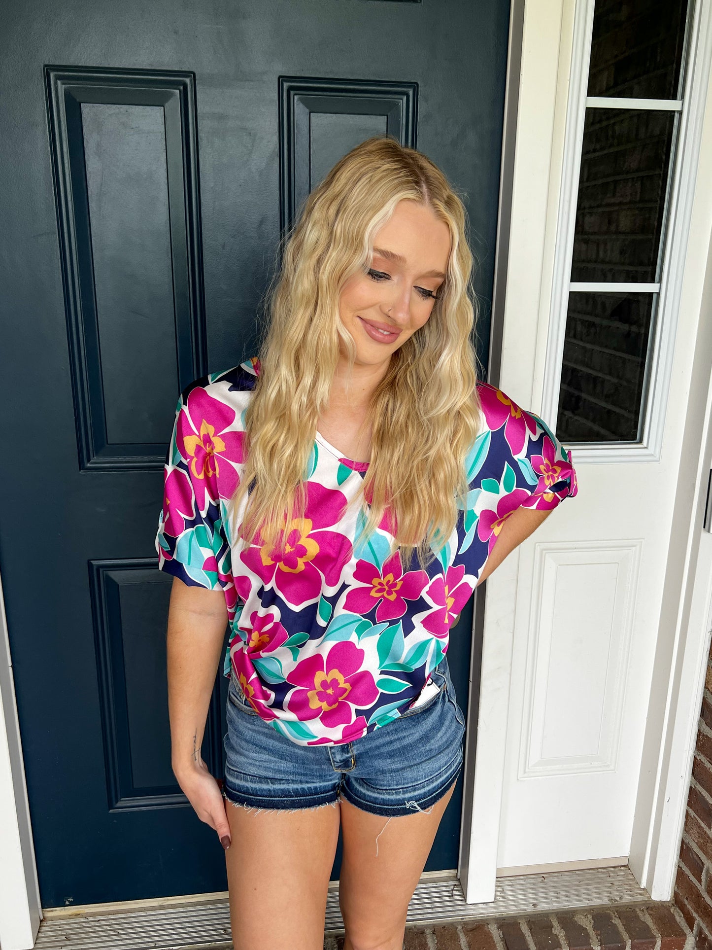 Constance Floral Blouse - Magenta and Navy