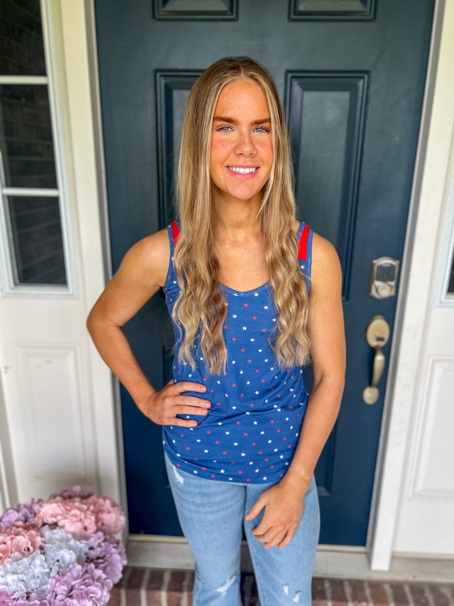 New! Michelle Mae Poppy Tank Top - Blue Freedom Stars
